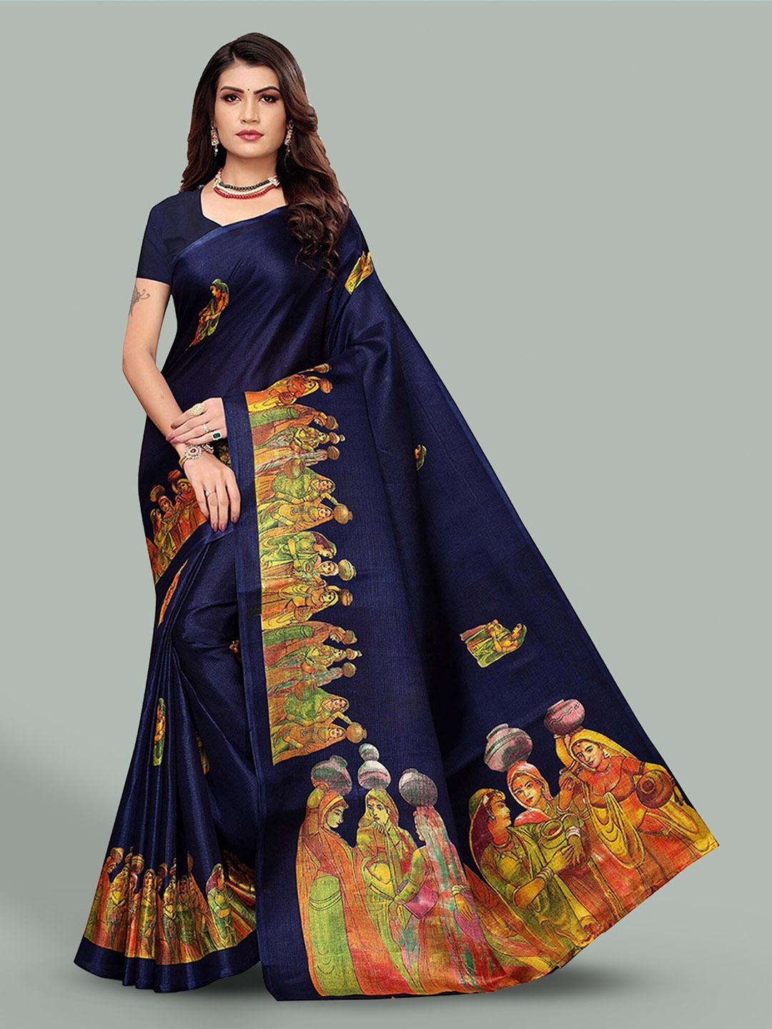 

Poshyaa Ethnic Printed Mysore Silk Saree, Blue