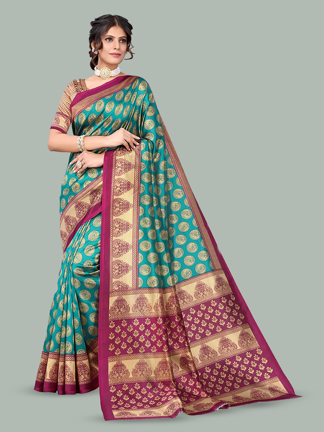 

Poshyaa Ethnic Printed Mysore Silk Saree, Green