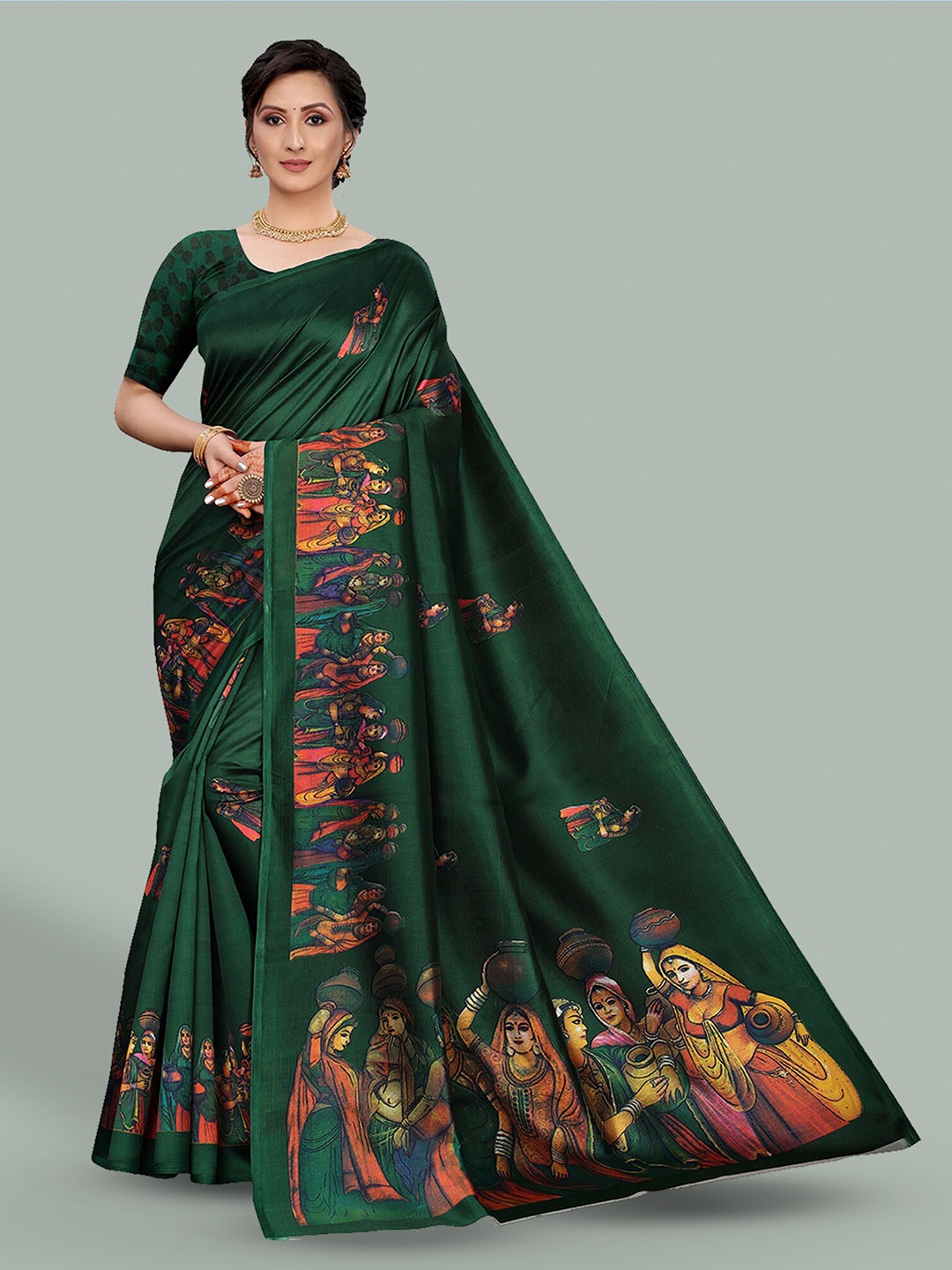 

Poshyaa Ethnic Motifs Printed Mysore Silk Saree, Green