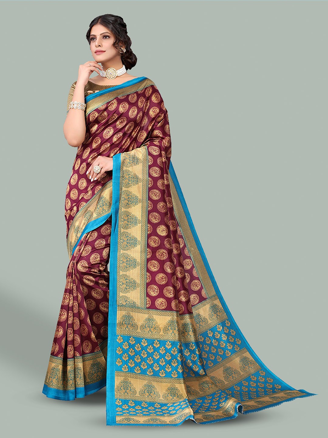 

Poshyaa Ethnic Motifs Printed Mysore Silk Saree, Maroon