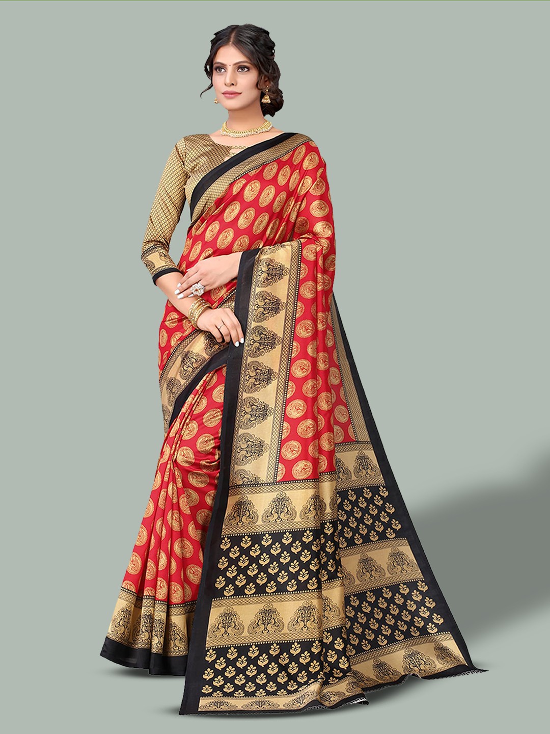 

Poshyaa Ethnic Motifs printed Mysore Silk Saree, Red