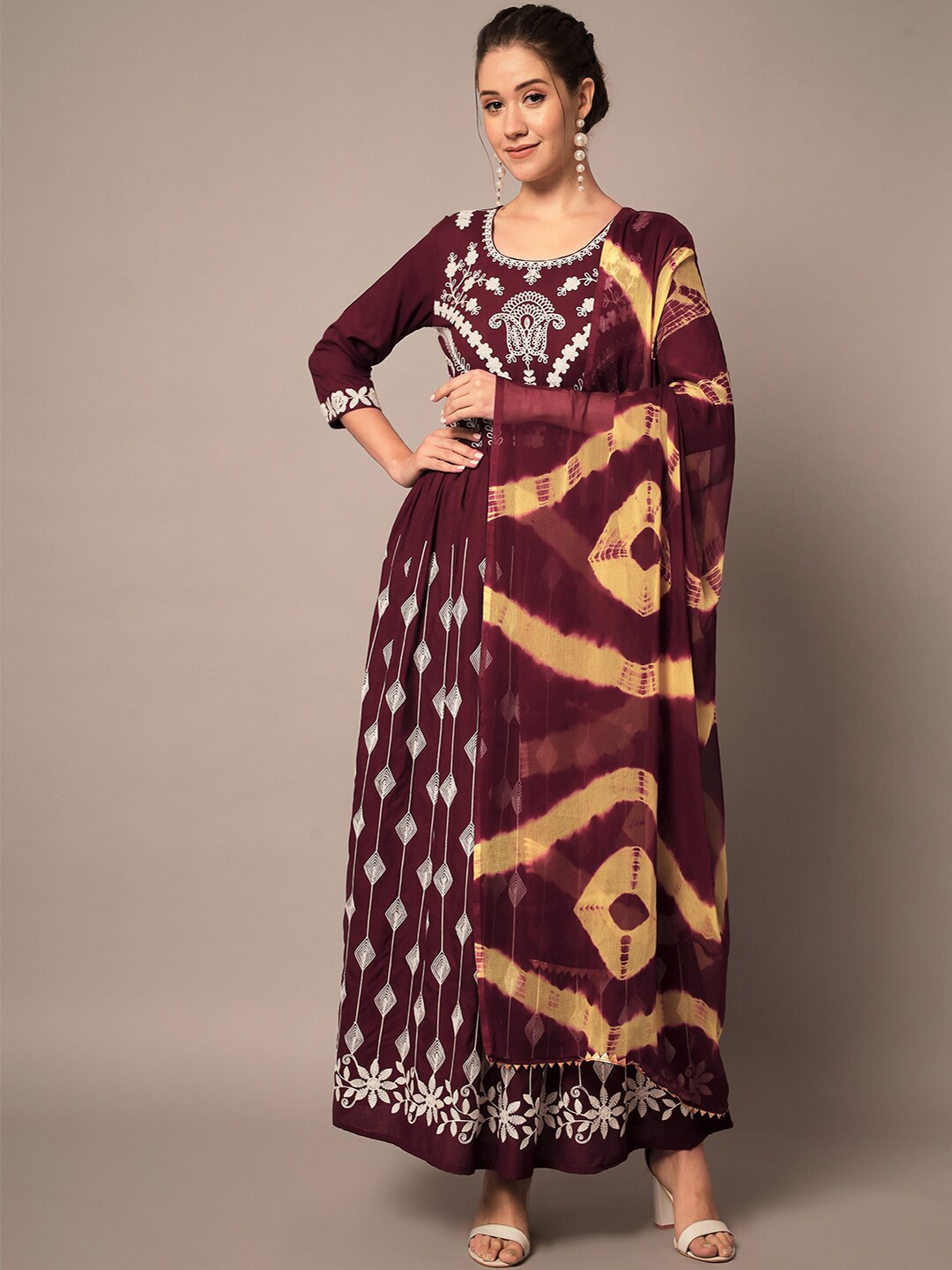 

Meeranshi Round Neck Floral Embroidered Fit and Flare Ethnic Dress, Maroon