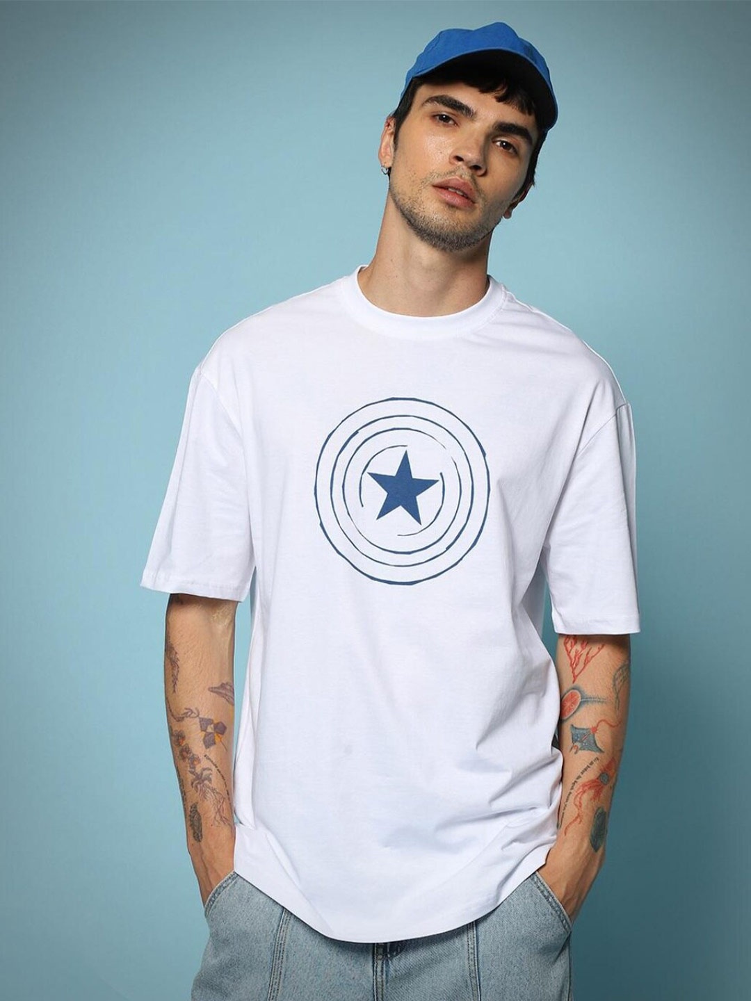 

Bewakoof x Official Marvel Merchandise Captain's Shield Graphic Printed Oversized T-shirt, White