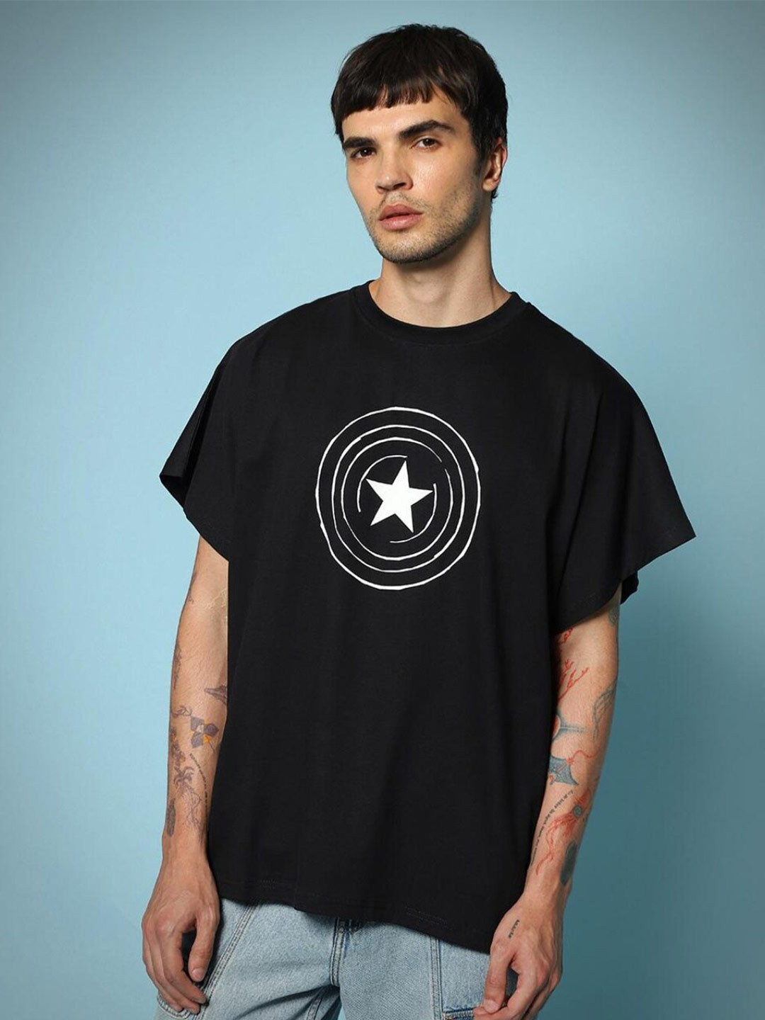 

Bewakoof X Marvel Captain America Printed Extended Sleeves Cotton Loose T-shirt, Black