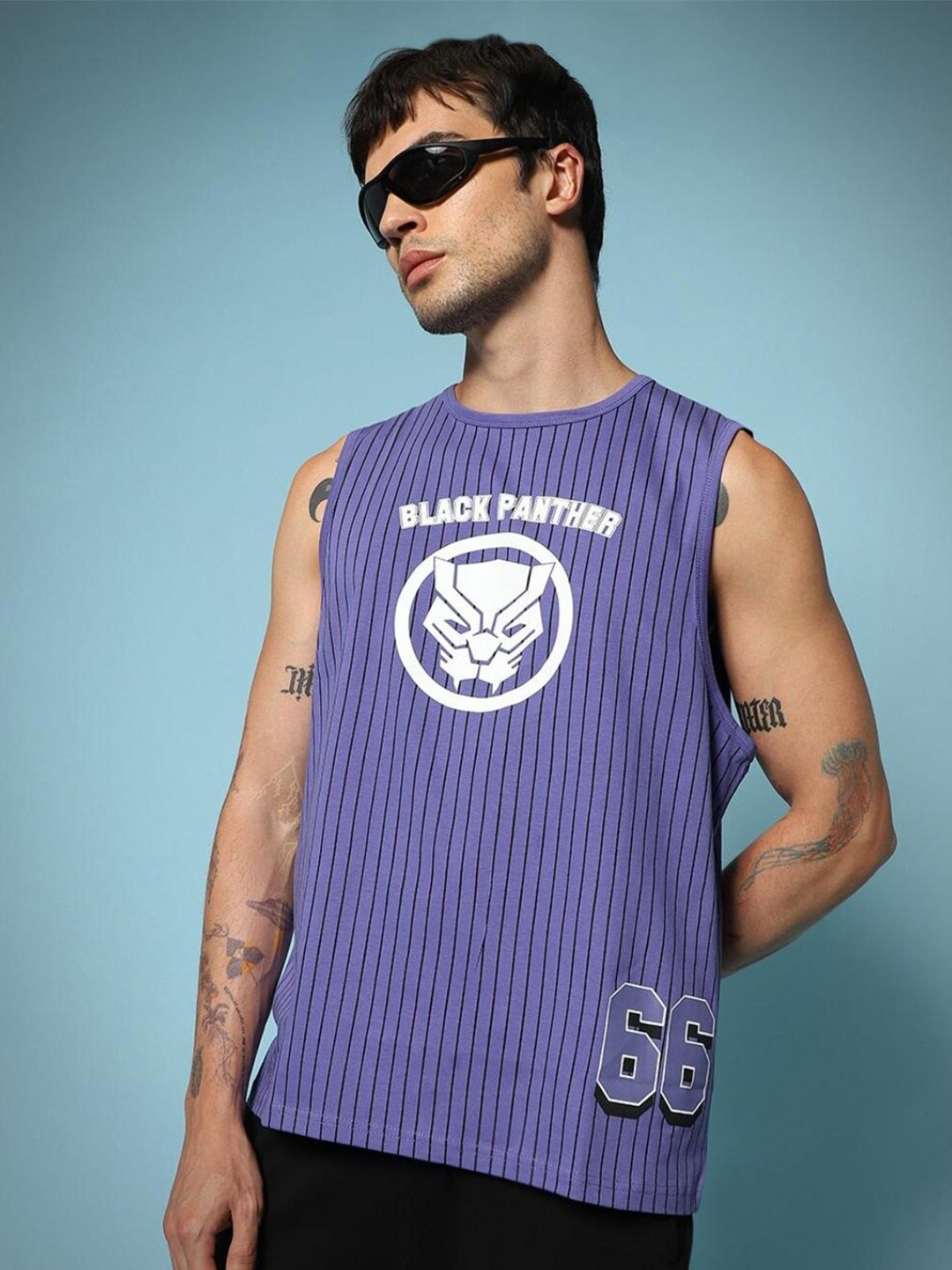 

Bewakoof Violet & White Black Panther Printed Sleeveless Cotton Loose T-Shirt
