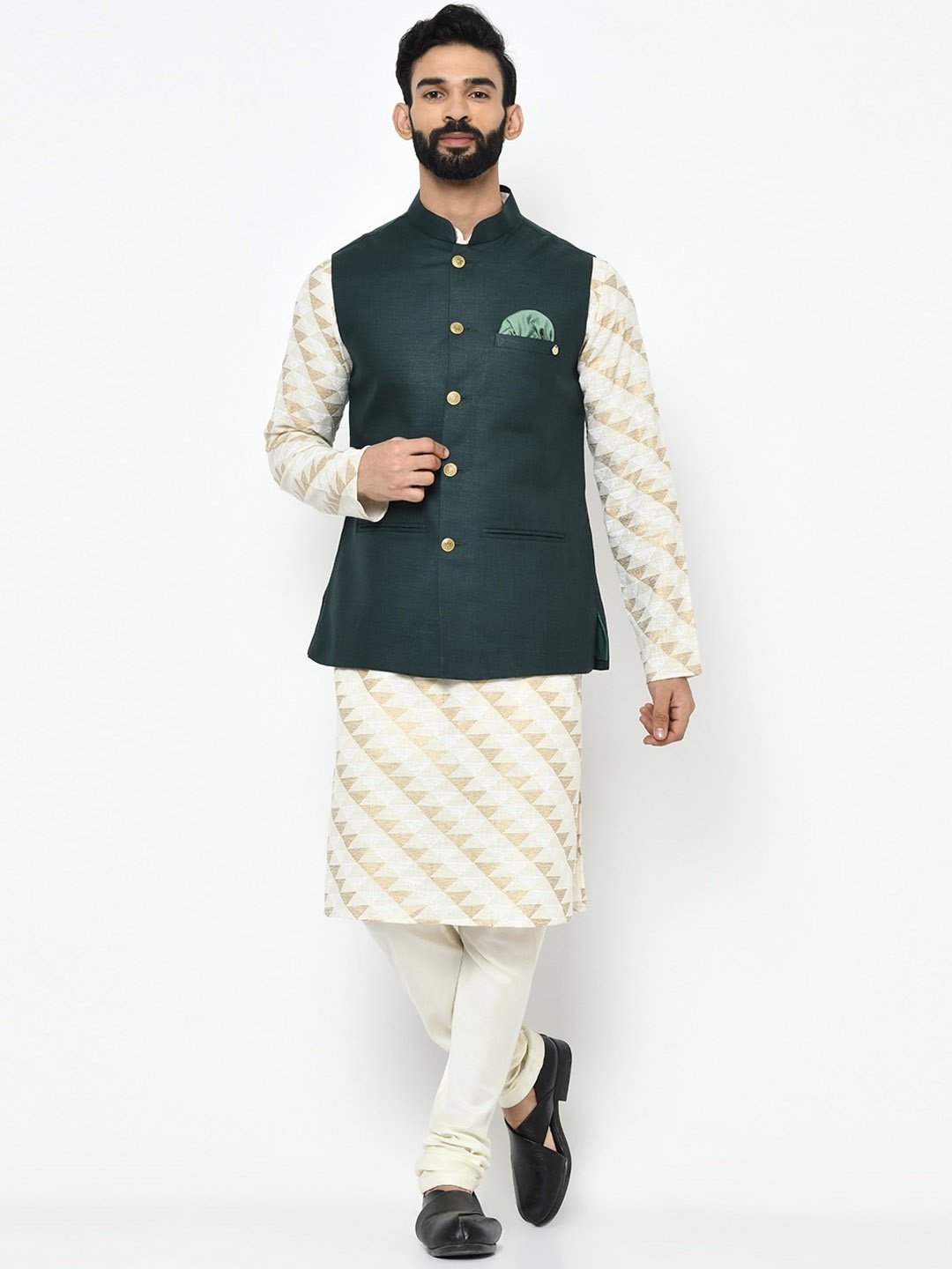 

KISAH Men Solid Regular Fit Geometric Pattern Kurta Jacket Churidar Set, Cream