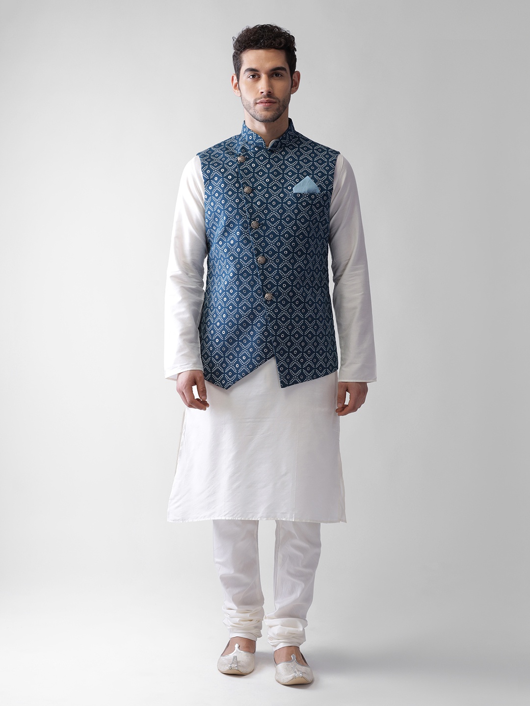 

KISAH Mandarin Collar Pure Cotton Kurta & Churidar With Printed Nehru Jacket Set, Blue