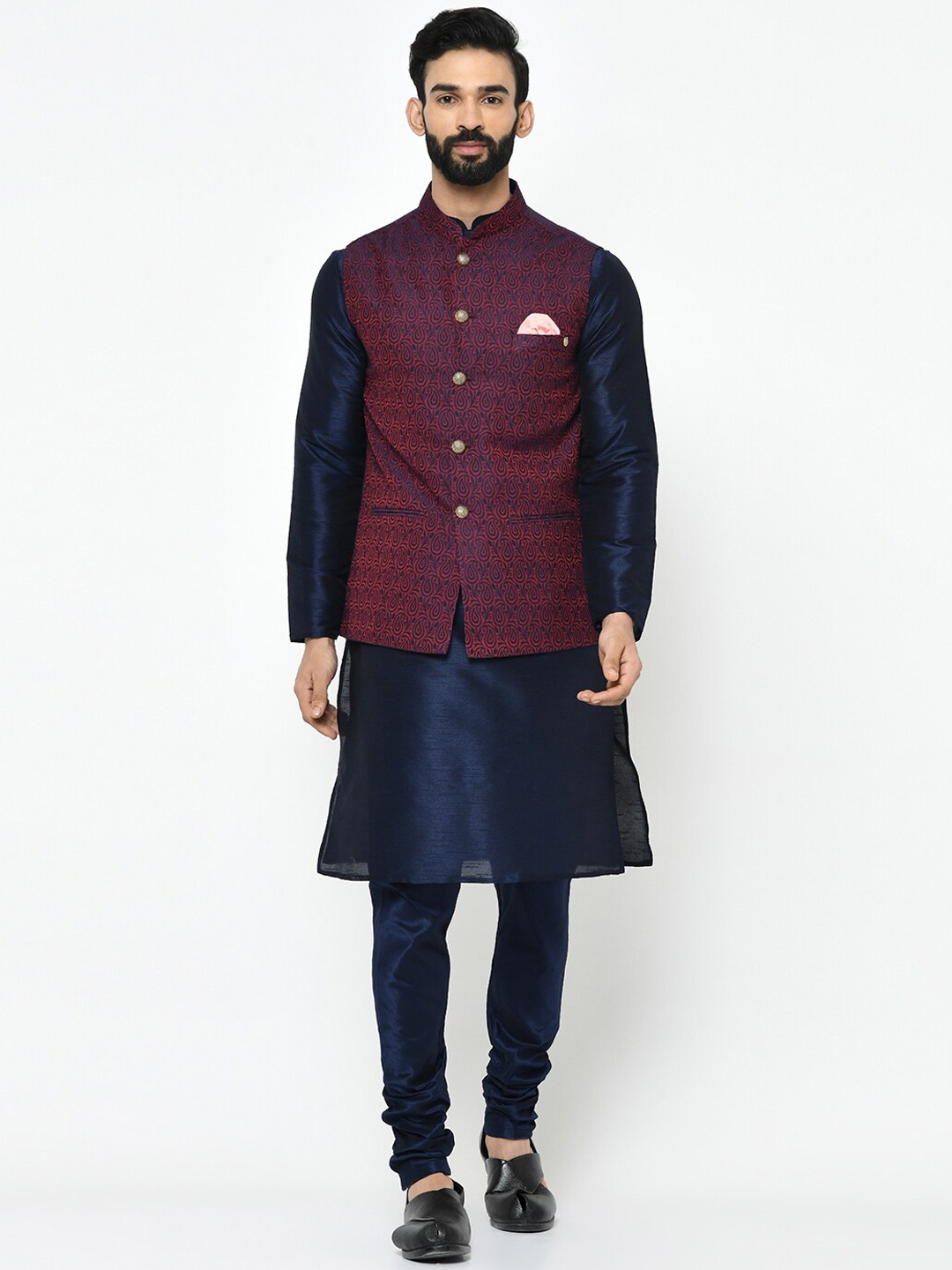 

KISAH Men Textured Regular Fit Paisley Kurta Jacket Churidar Set, Navy blue