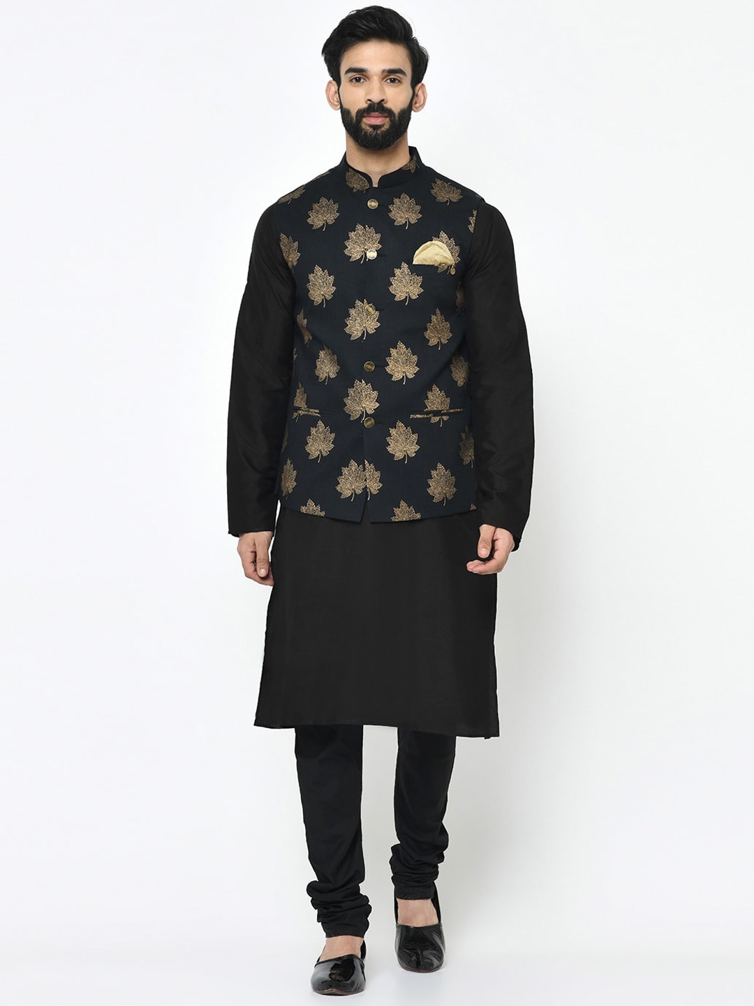 

KISAH Mandarin Collar Straight Kurta with Churidar & Nehru Jacket, Black