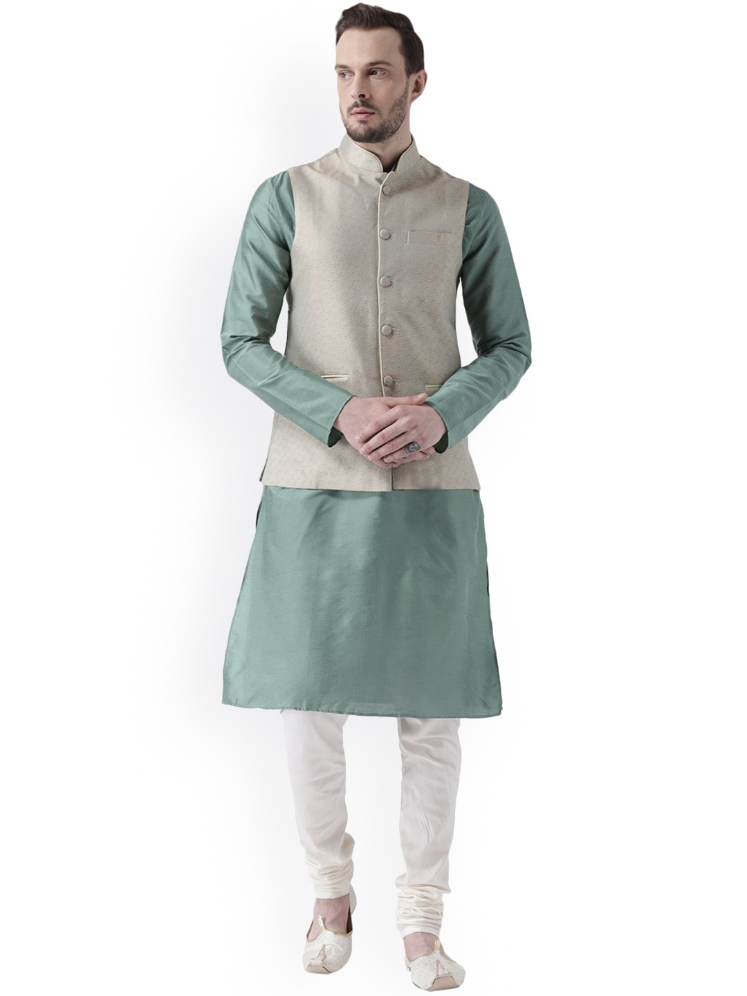 

KISAH Mandarin Collar Straight Kurta with Churidar & Nehru Jacket, Green