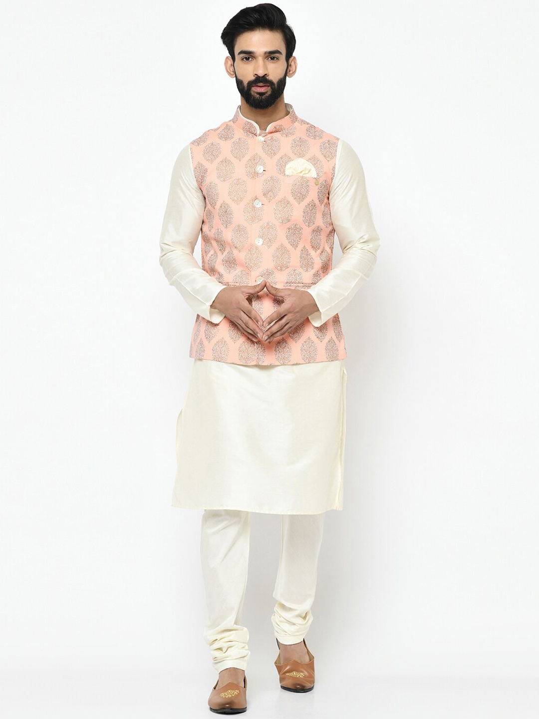 

KISAH Mandarin Collar Pure Cotton Kurta With Churidar & Nehru Jacket, White