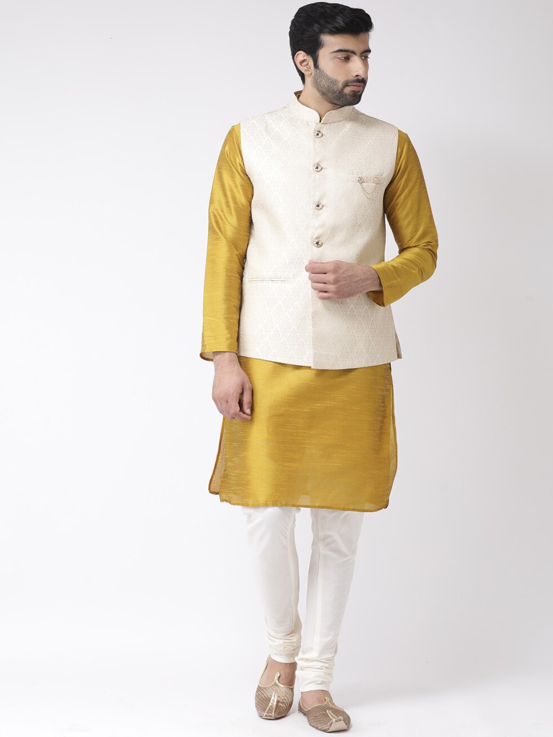 

KISAH Mandarin Collar Straight Kurta with Churidar & Nehru Jacket, Mustard