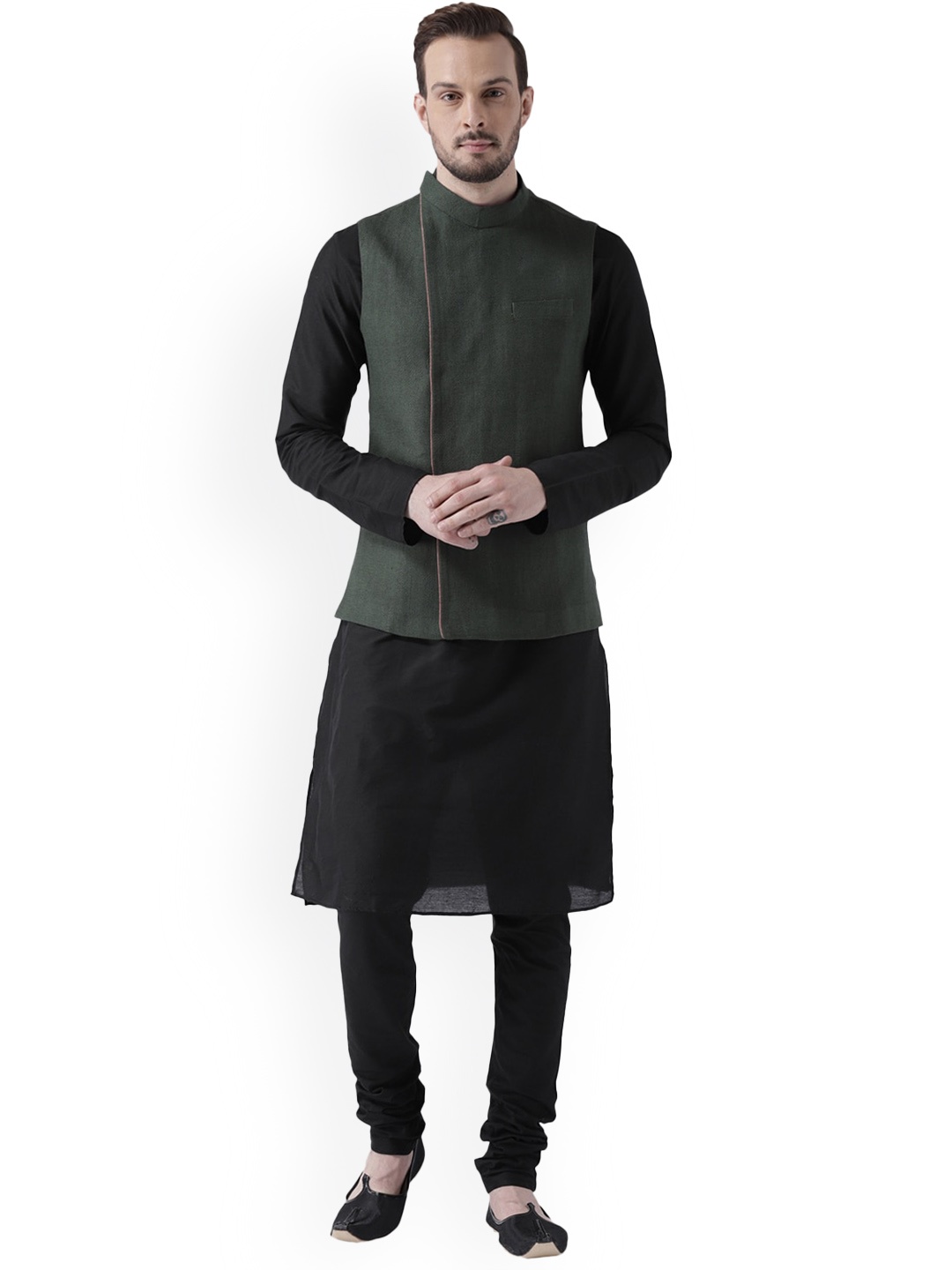 

KISAH Mandarin Collar Straight Kurta with Churidar & Nehru Jacket, Black