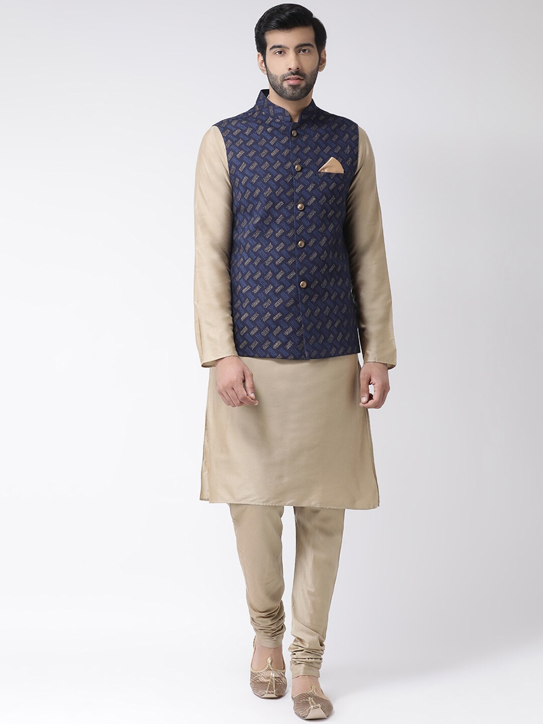 

KISAH Mandarin Collar Kurta with Churidar with Printed Nehru Jacket, Blue
