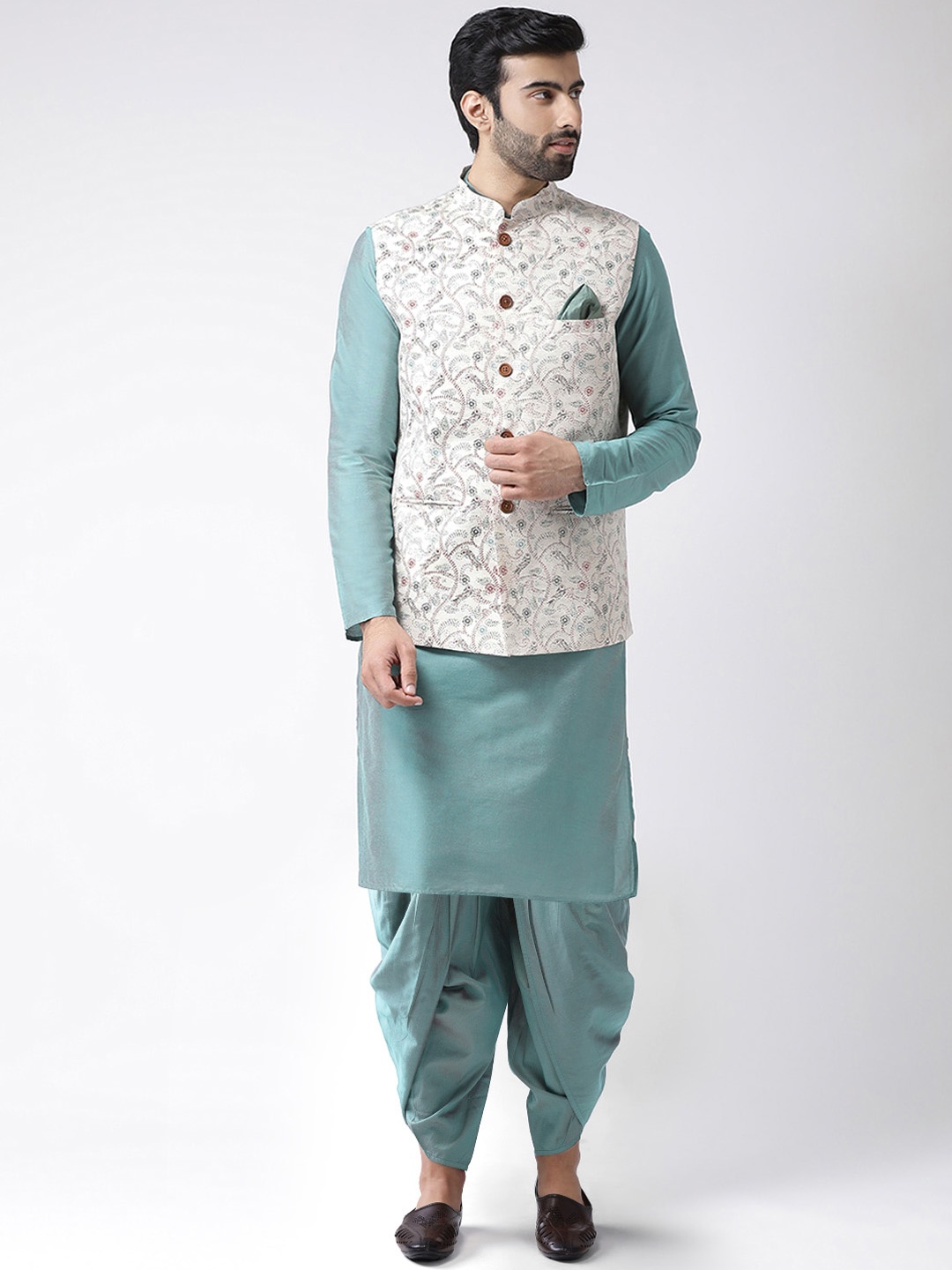 

KISAH Mandarin Collar Pure Cotton Kurta with Dhoti Pants with Printed Nehru Jacket, White