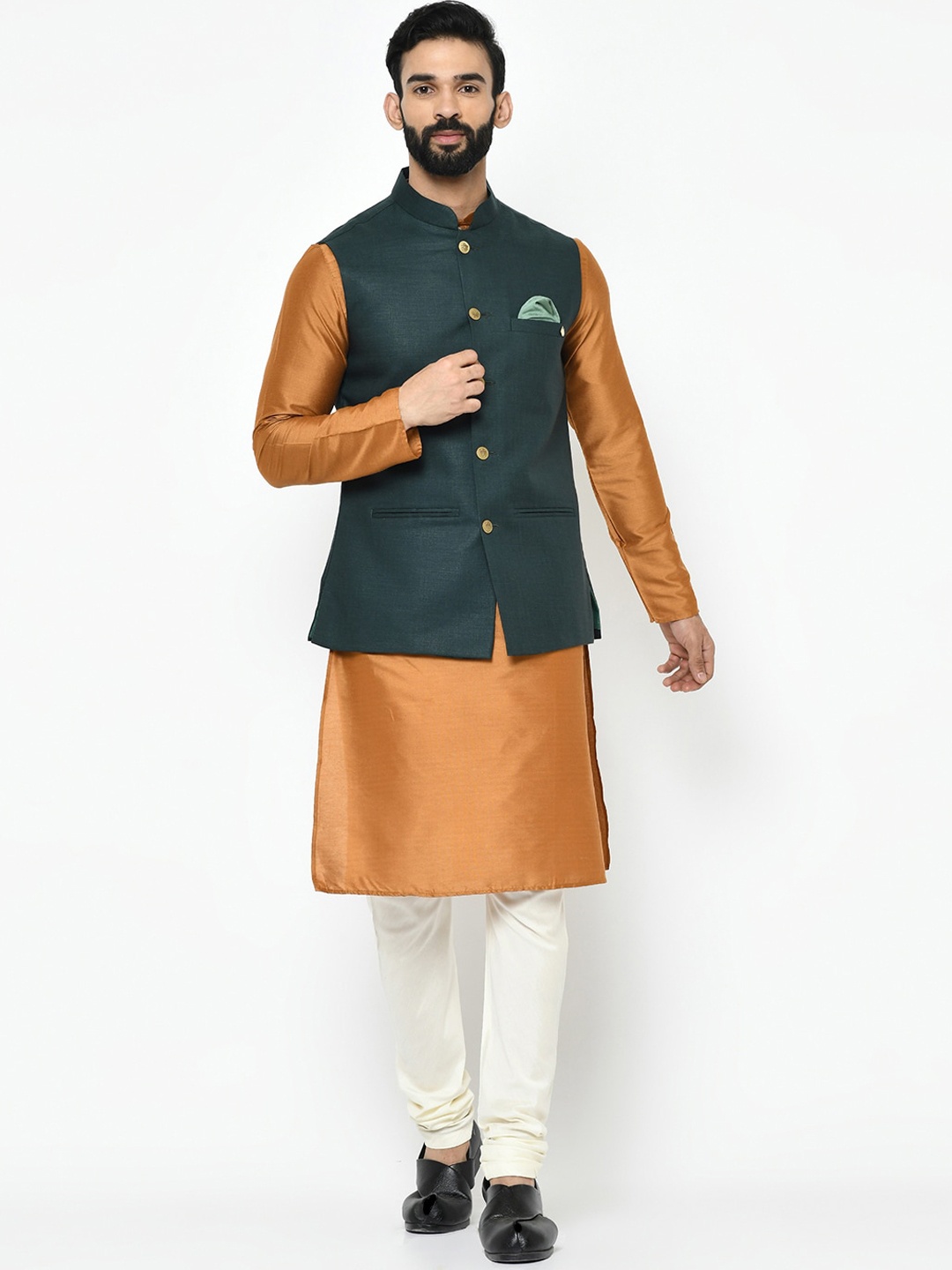 

KISAH Mandarin Collar Kurta with Churidar & Nehru jacket, Gold