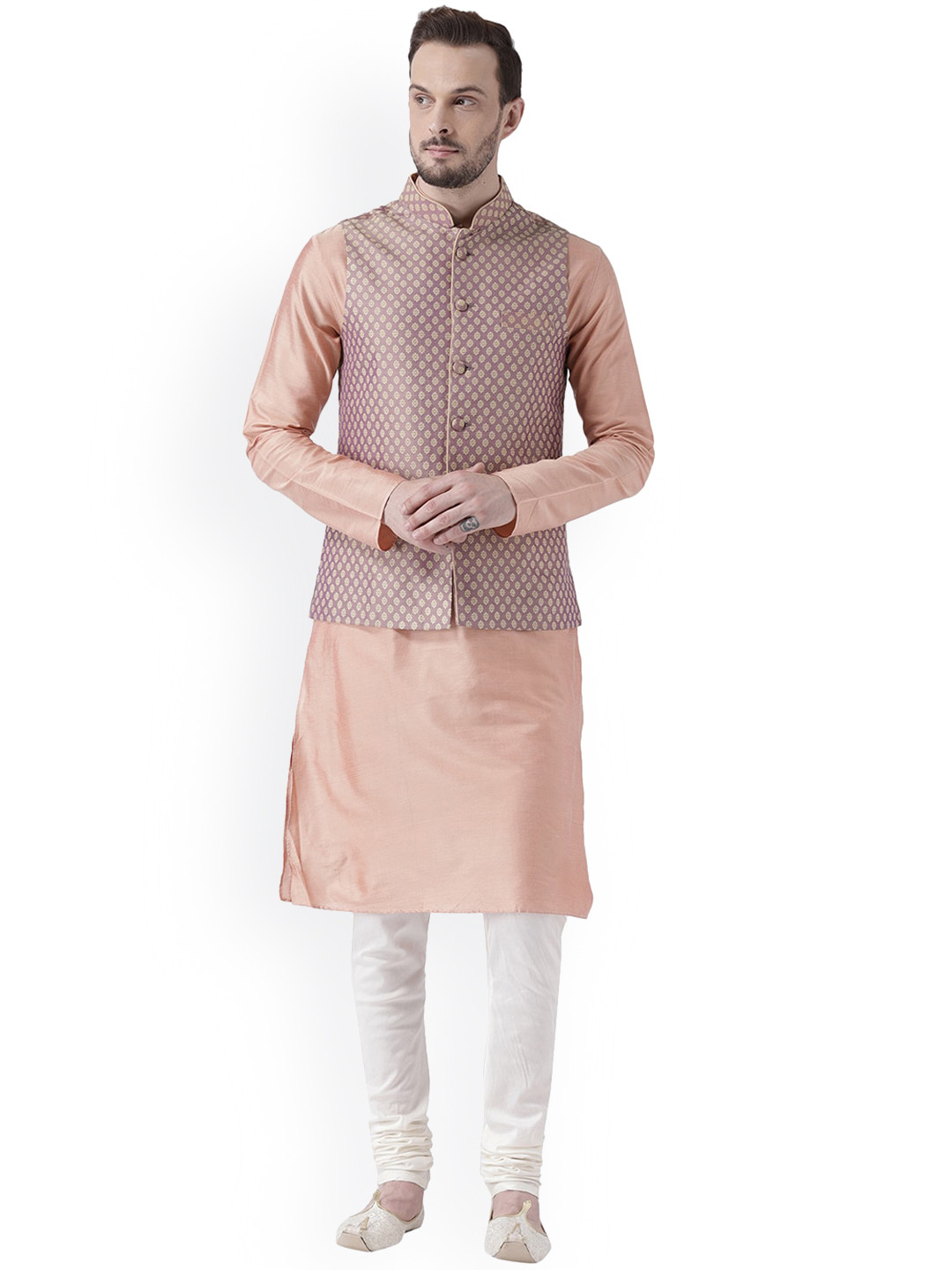 

KISAH Mandarin Collar Straight Kurta with Churidar & Nehru Jacket, Pink