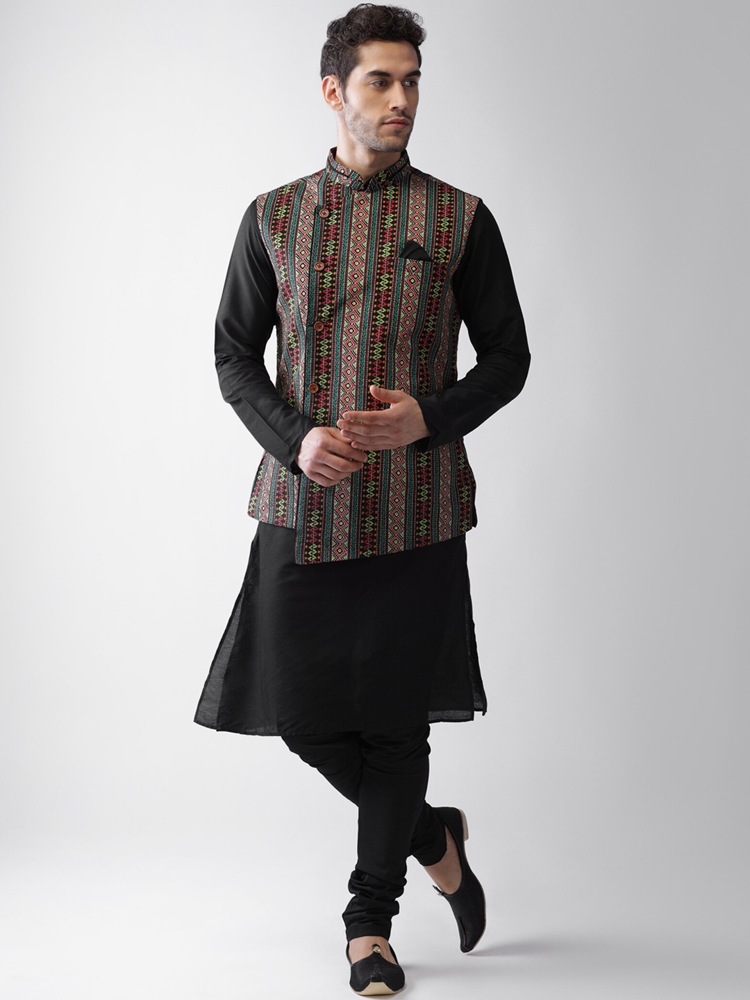 

KISAH Mandarin Collar Kurta With Churidar & Nehru Jacket, Green