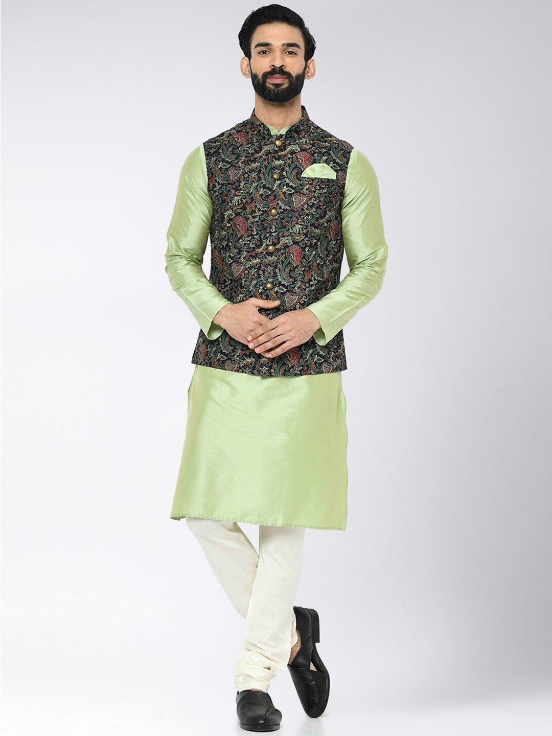 

KISAH Mandarin Collar Straight Pure Cotton Kurta with Churidar & Nehru Jacket, Green