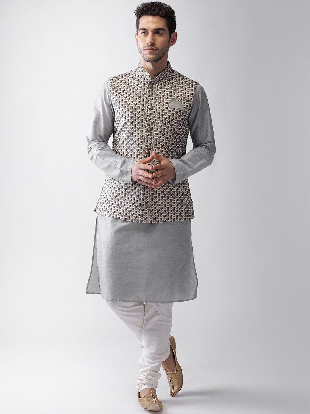 

KISAH Mandarin Collar Straight Pure Cotton Kurta with Churidar & Nehru Jacket, Grey