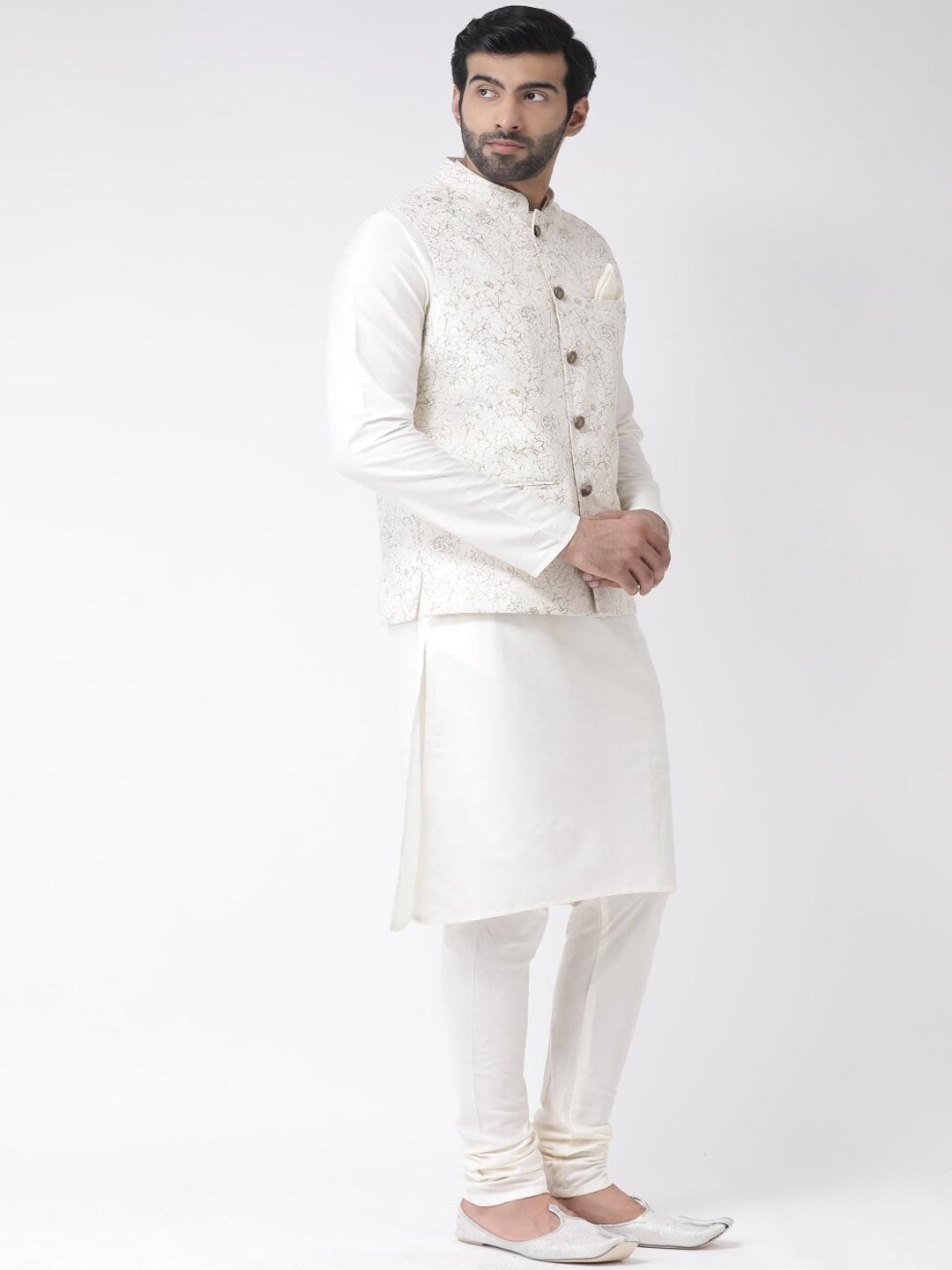 

KISAH Mandarin Collar Straight Pure Cotton Kurta with Churidar & Nehru Jacket, Off white