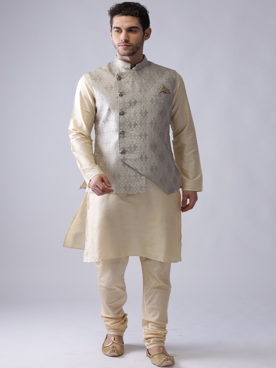 

KISAH Mandarin Collar Kurta & Churidar & Nehru Jacket Set, Cream