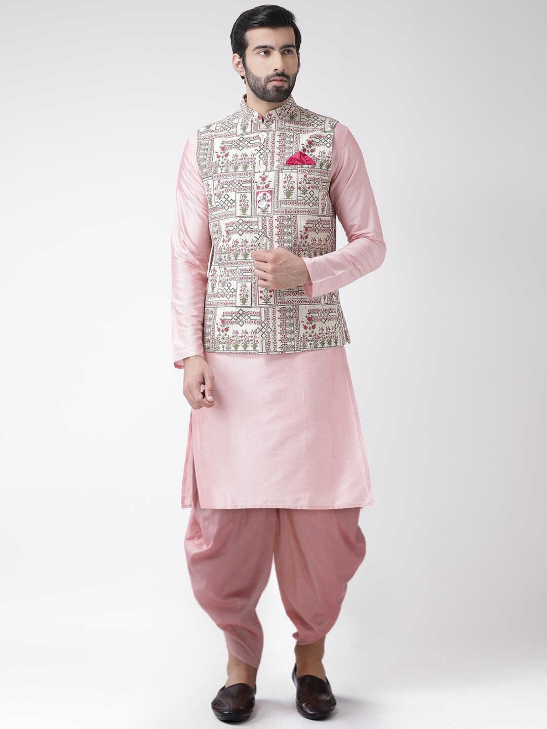 

KISAH Mandarin Collar Straight Pure Cotton Kurta with Dhoti Pants & Nehru Jacket, Pink
