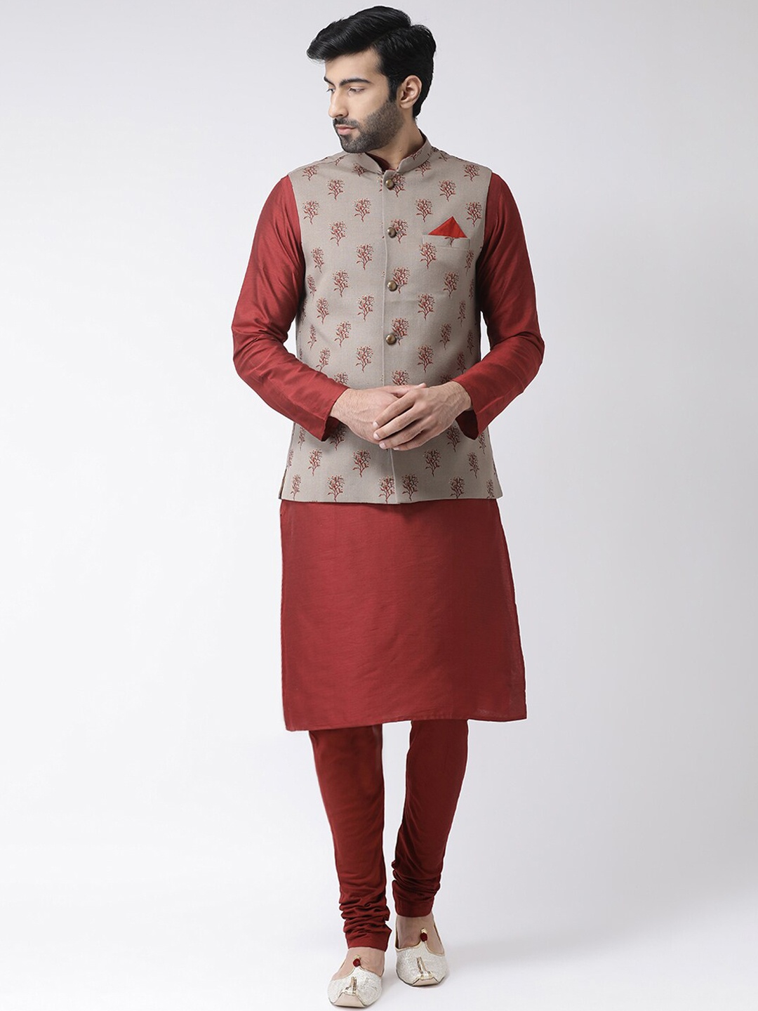 

KISAH Mandarin Collar Kurta with Churidar & Nehru jacket, Maroon