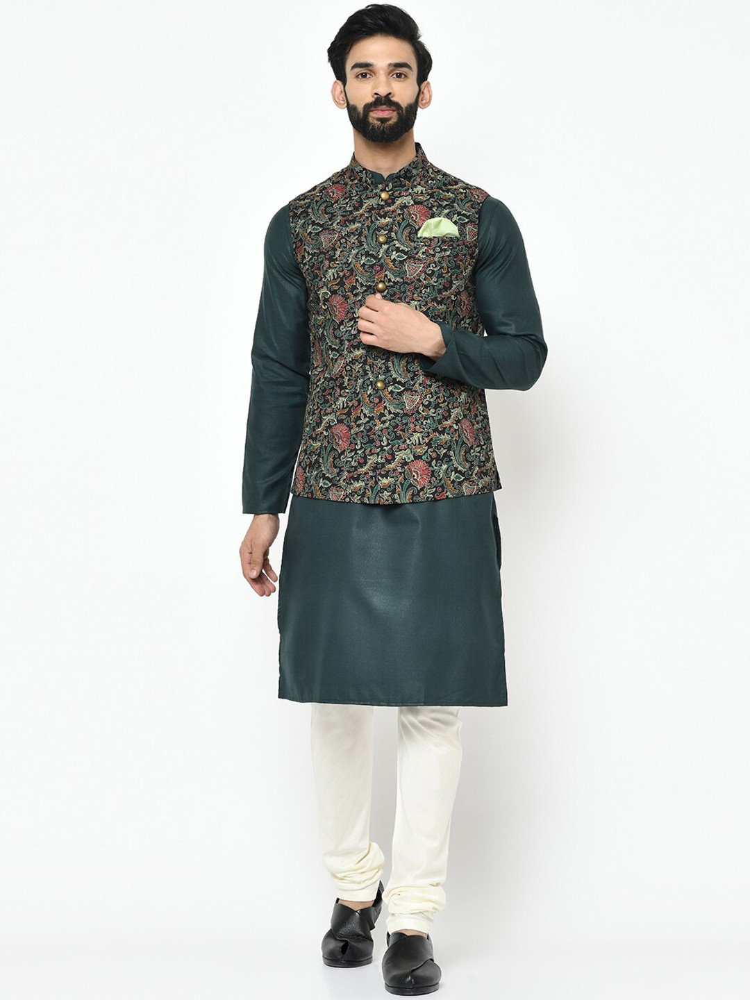 

KISAH Mandarin Collar Straight Pure Cotton Kurta with Churidar & Nehru Jacket, Green