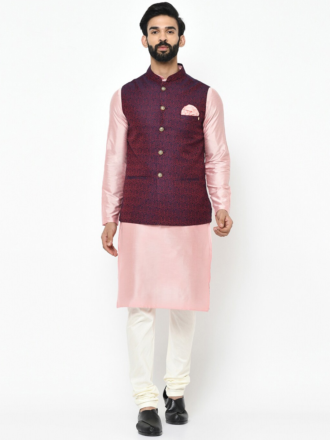

KISAH Mandarin Collar Straight Kurta with Churidar & Nehru Jacket, Pink