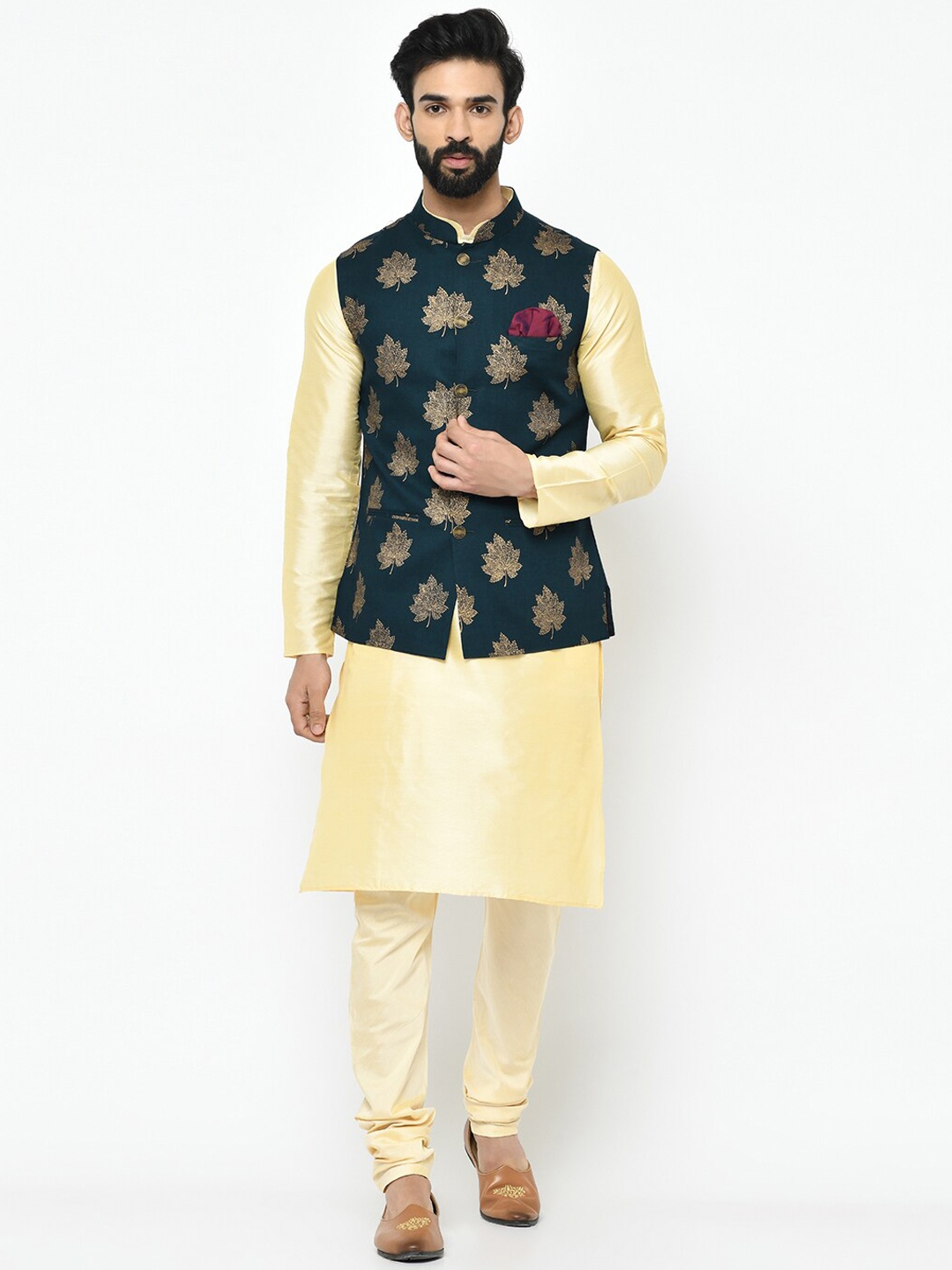 

KISAH Mandarin Collar Straight Kurta with Churidar & Nehru Jacket, Cream