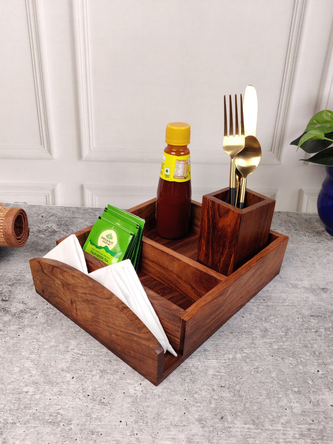 

VarEesha Kitchen Caddy Brown Wooden Cutlery Holder