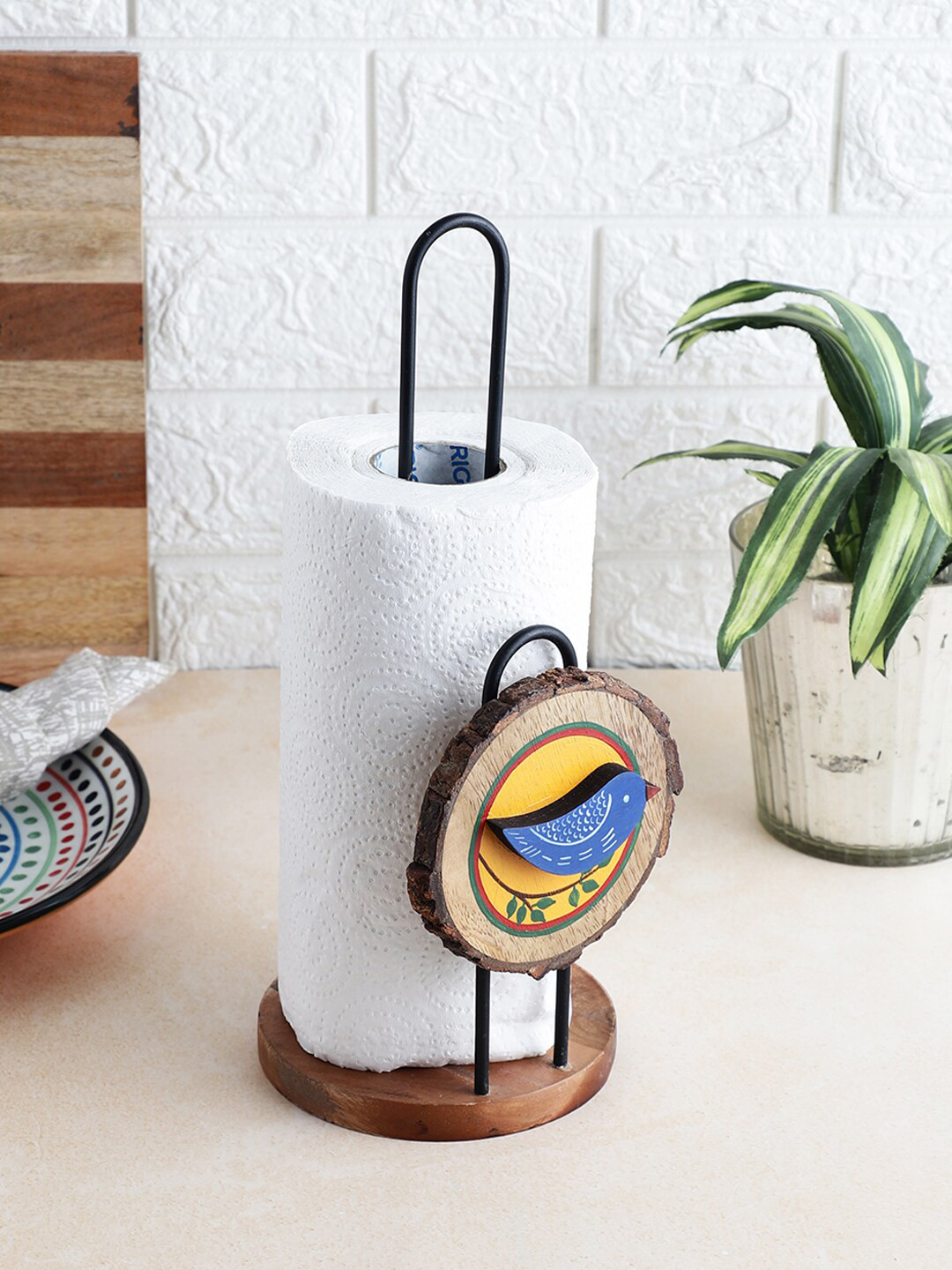 

VarEesha Neel Brown-Colored & Blue Printed Wooden Tissue Roll Holder