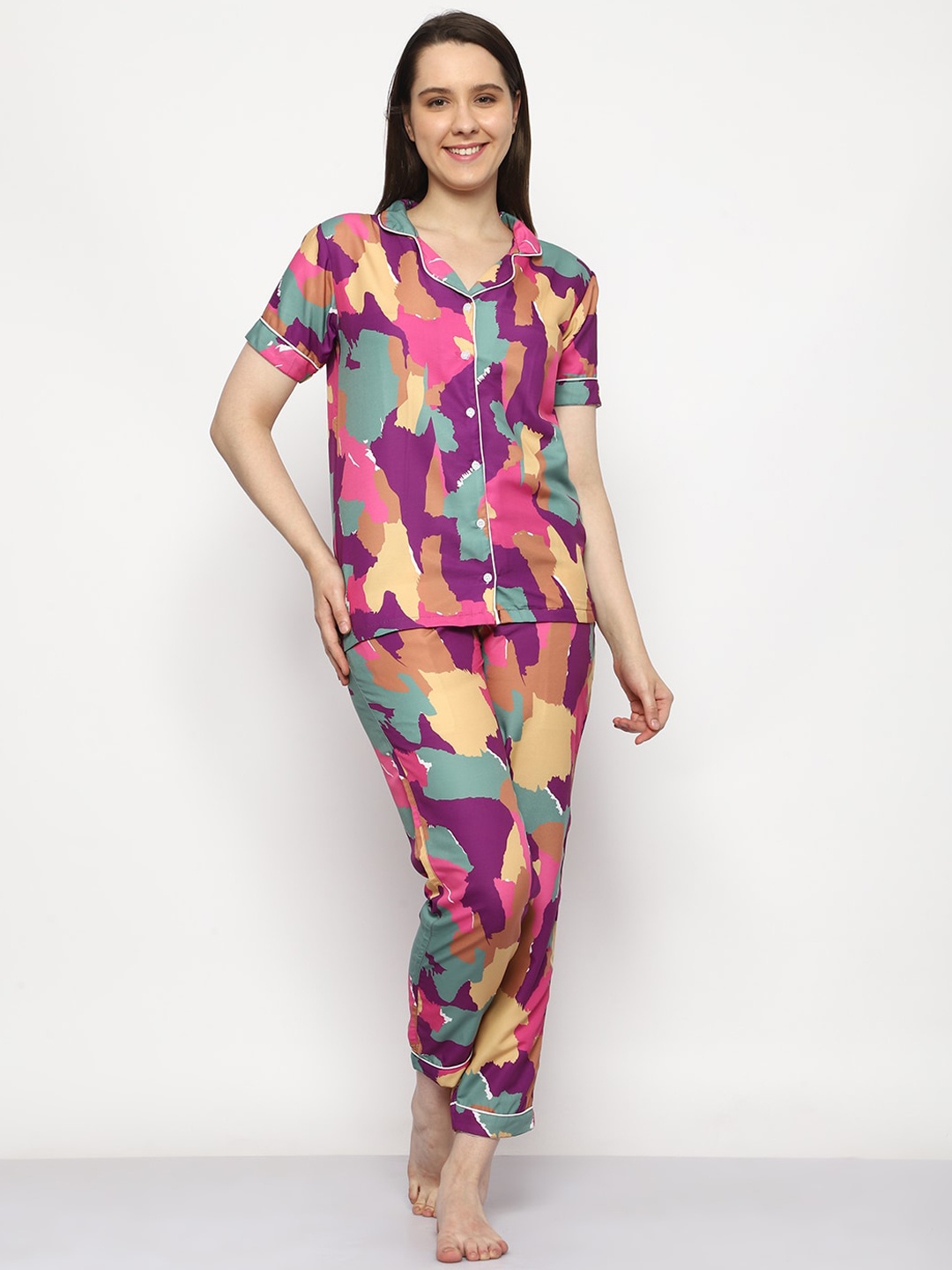 

Urban Komfort Abstract Printed Satin Night Suit, Purple
