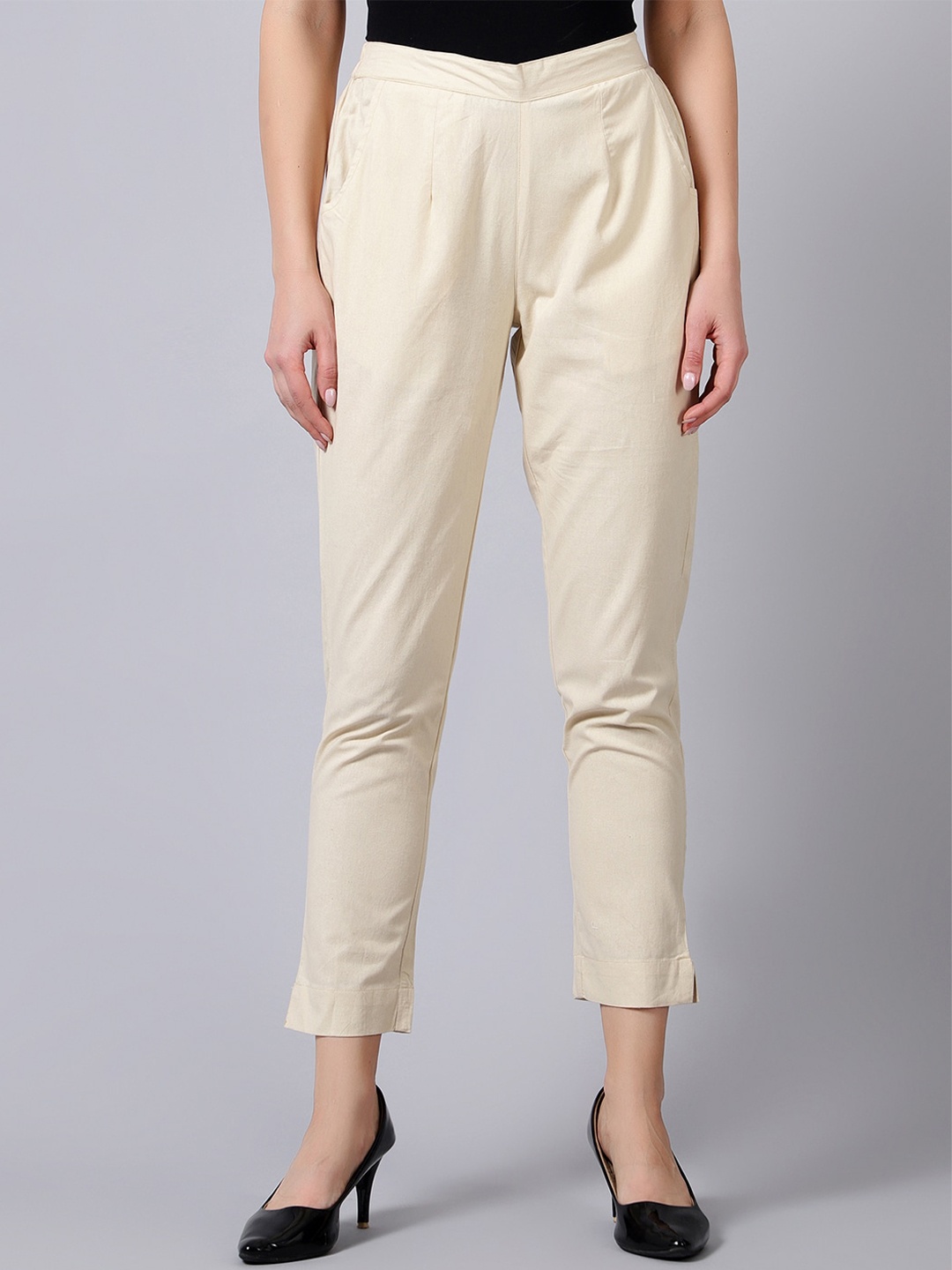 

Idalia Women High-Rise Cotton Trousers, Beige