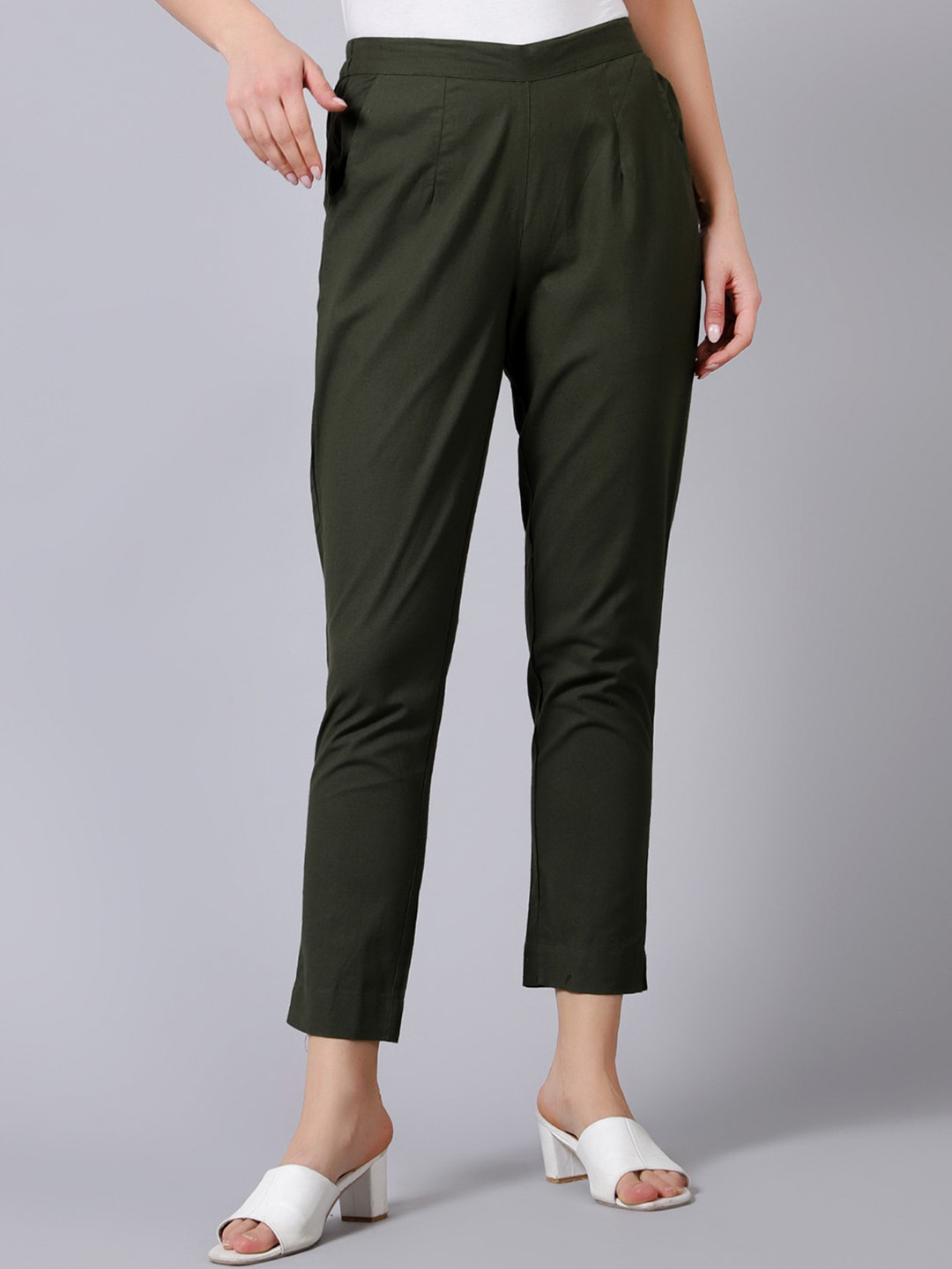 

Idalia Women High-Rise Cotton Trousers, Olive