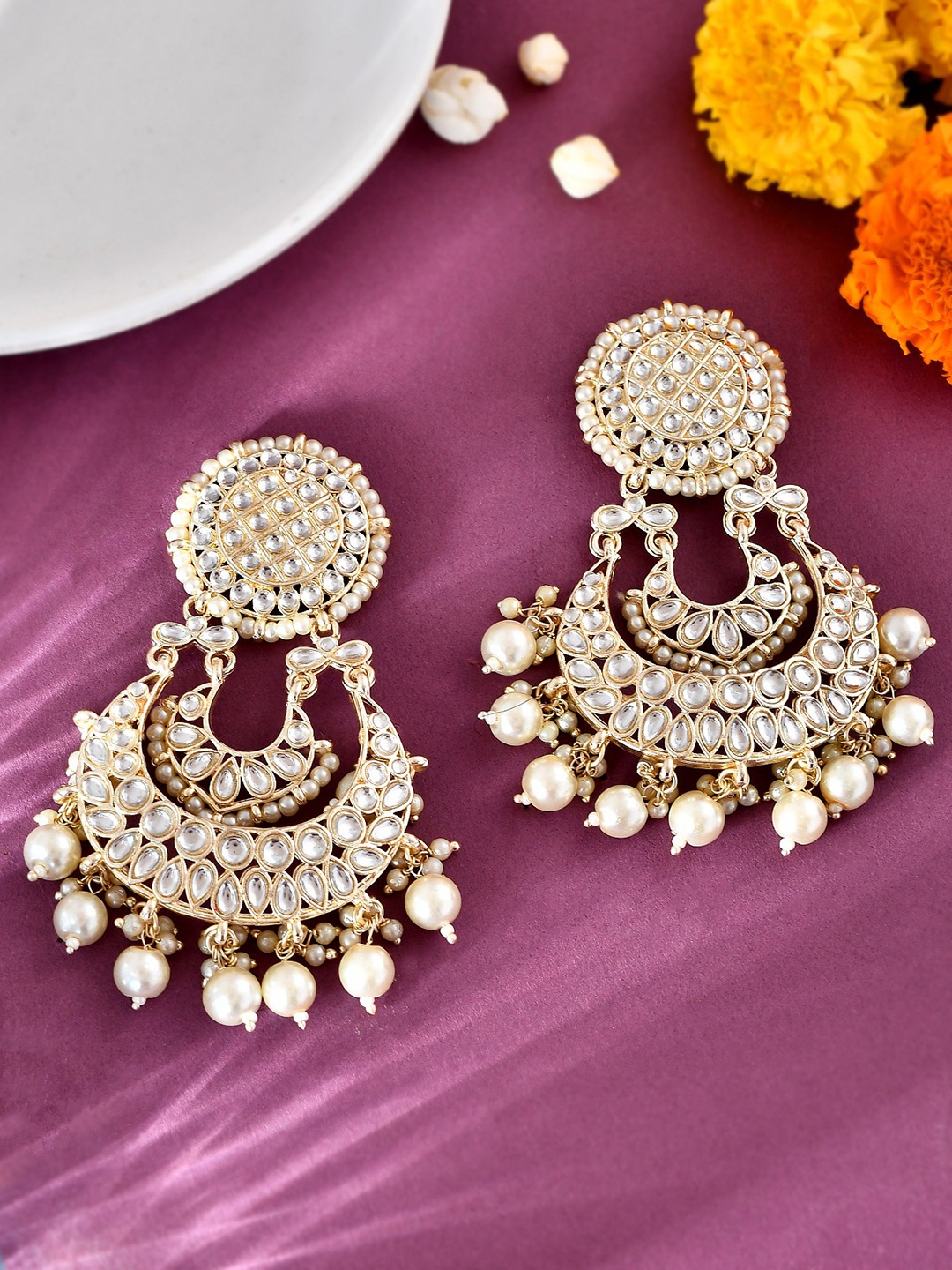 

AQUASTREET Gold-Plated Crescent Shaped Chandbalis Earrings