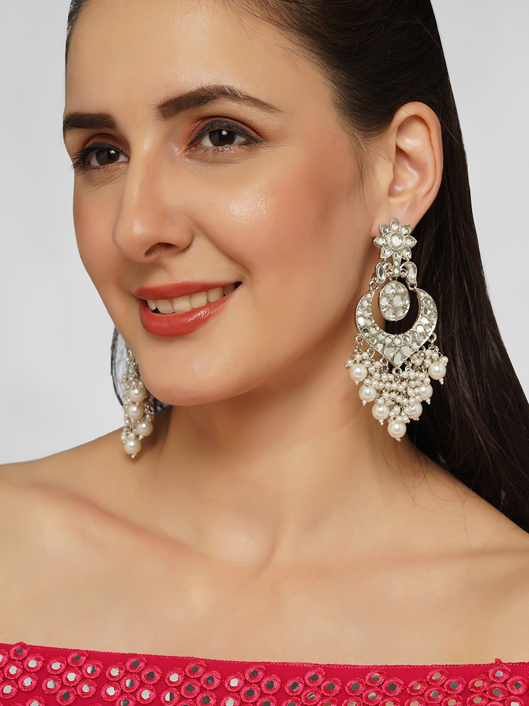 

AQUASTREET Silver-Plated Crescent Shaped Chandbalis Earrings