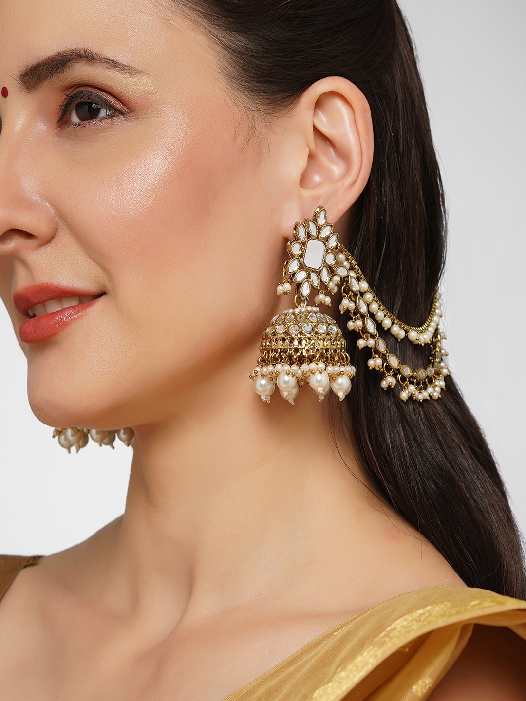 

AQUASTREET Gold-Plated Dome Shaped Jhumkas Earrings With Chain