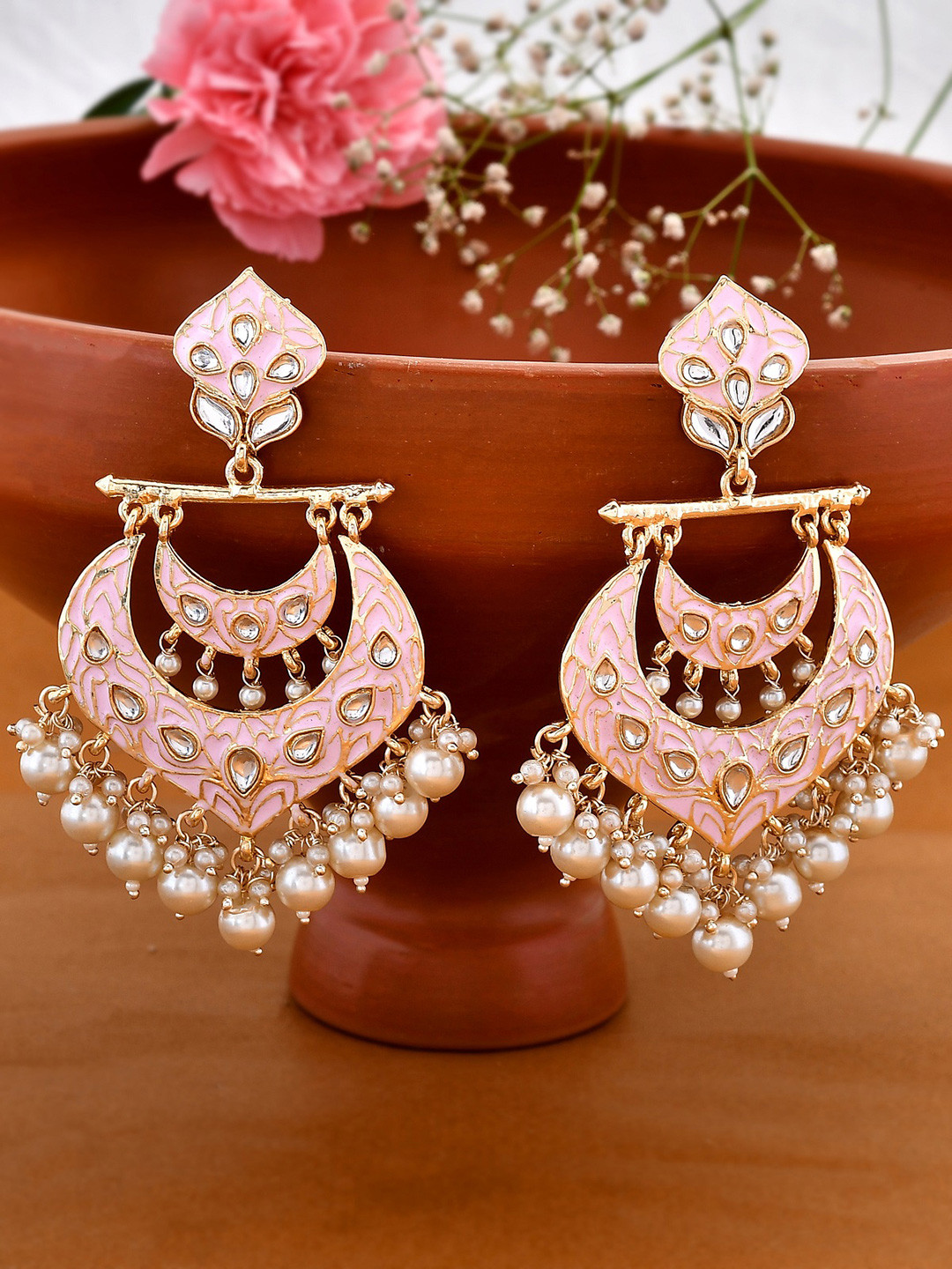 

AQUASTREET Gold-Plated Crescent Shaped Meenakari Chandbalis Earrings, Pink