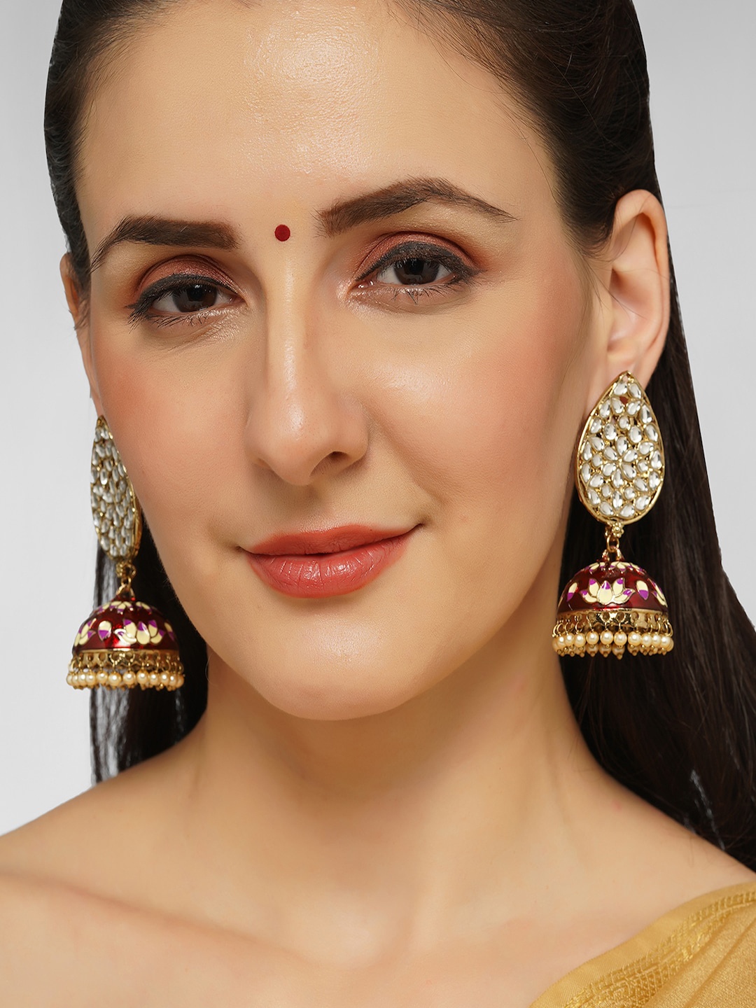 

AQUASTREET Gold-Plated Dome Shaped Meenakari Jhumkas Earrings, Red