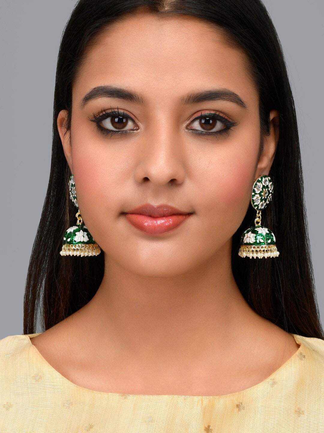 

AQUASTREET Gold-Plated Dome Shaped Meenakari Jhumkas Earrings, Green