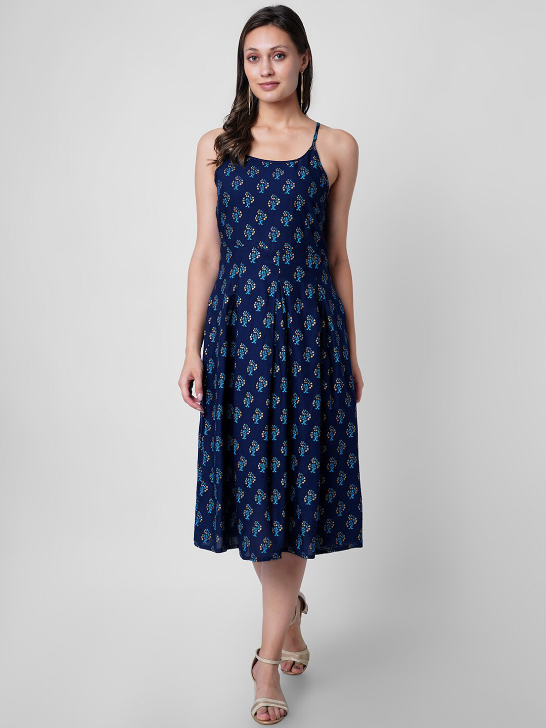 

VASANT APPAREL Floral Printed Shoulder Straps Fit & Flare Midi Dress, Blue