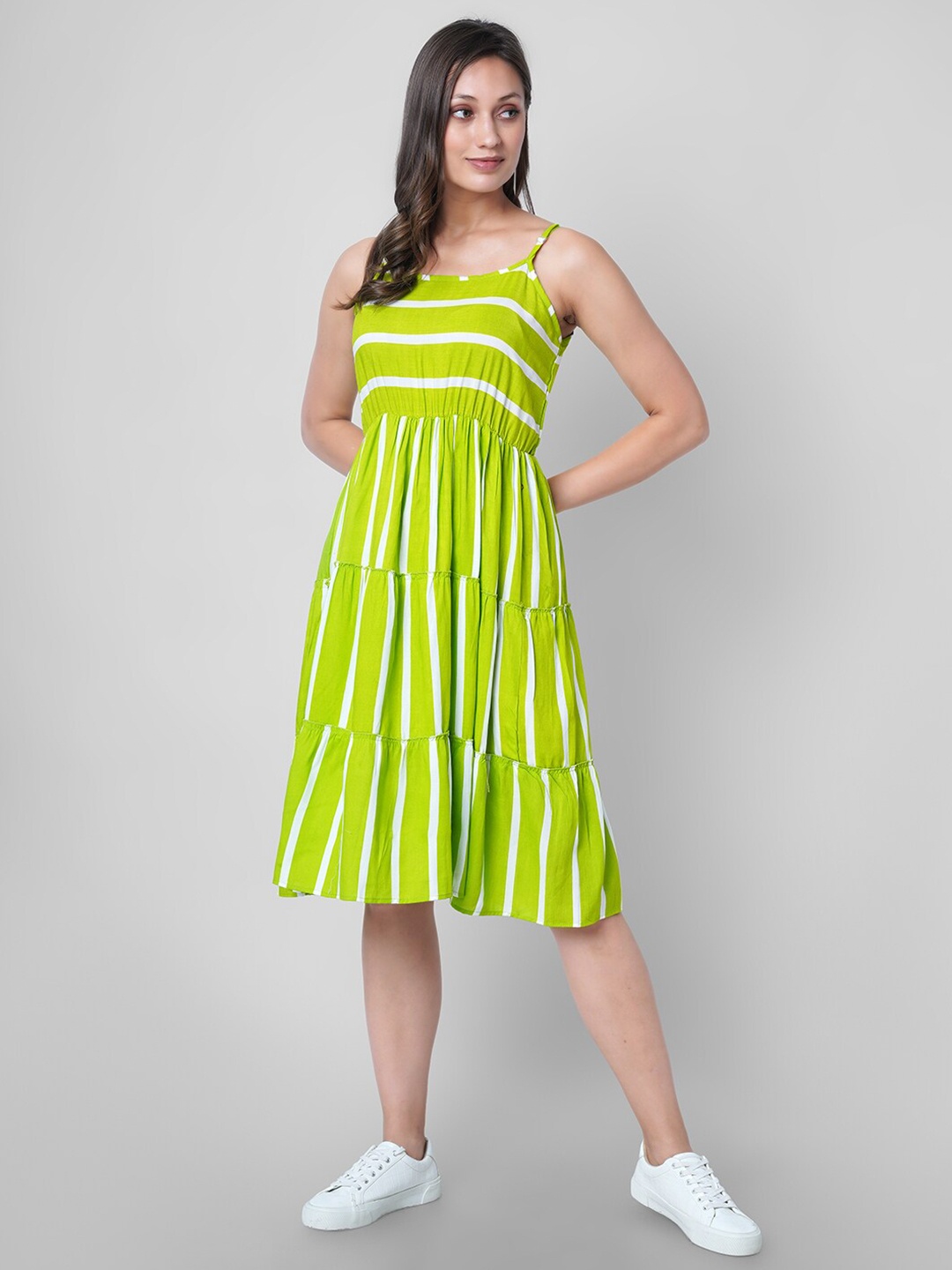 

VASANT APPAREL Striped Shoulder Straps Tiered A-Line Dress, Green