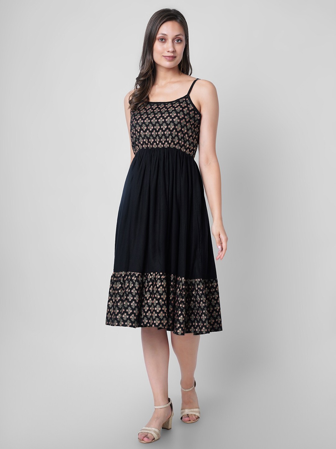 

VASANT APPAREL Ethnic Motifs Printed Fit & Flare Dress, Black