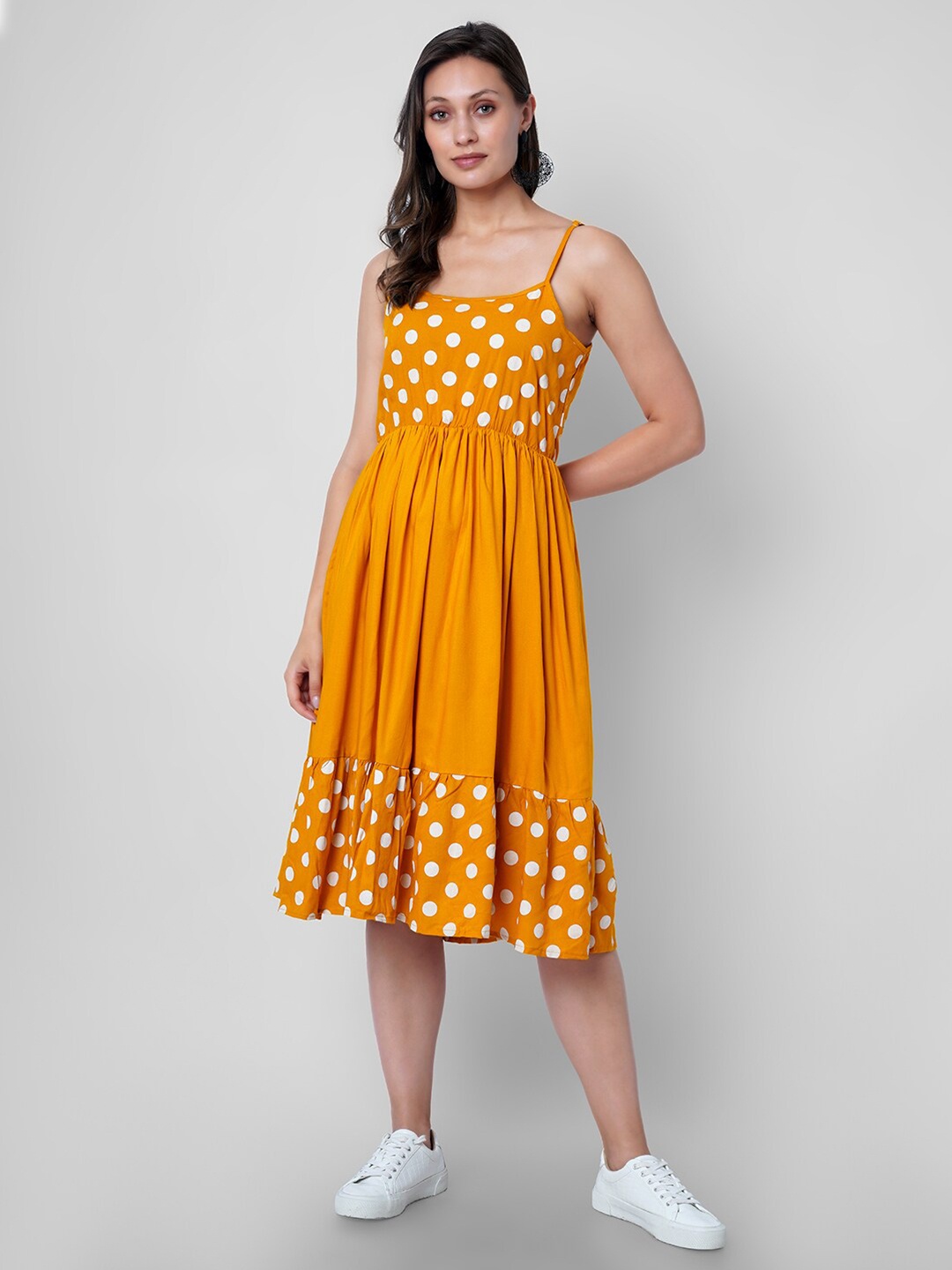 

VASANT APPAREL Polka Dot Print Fit & Flare Midi Dress, Mustard