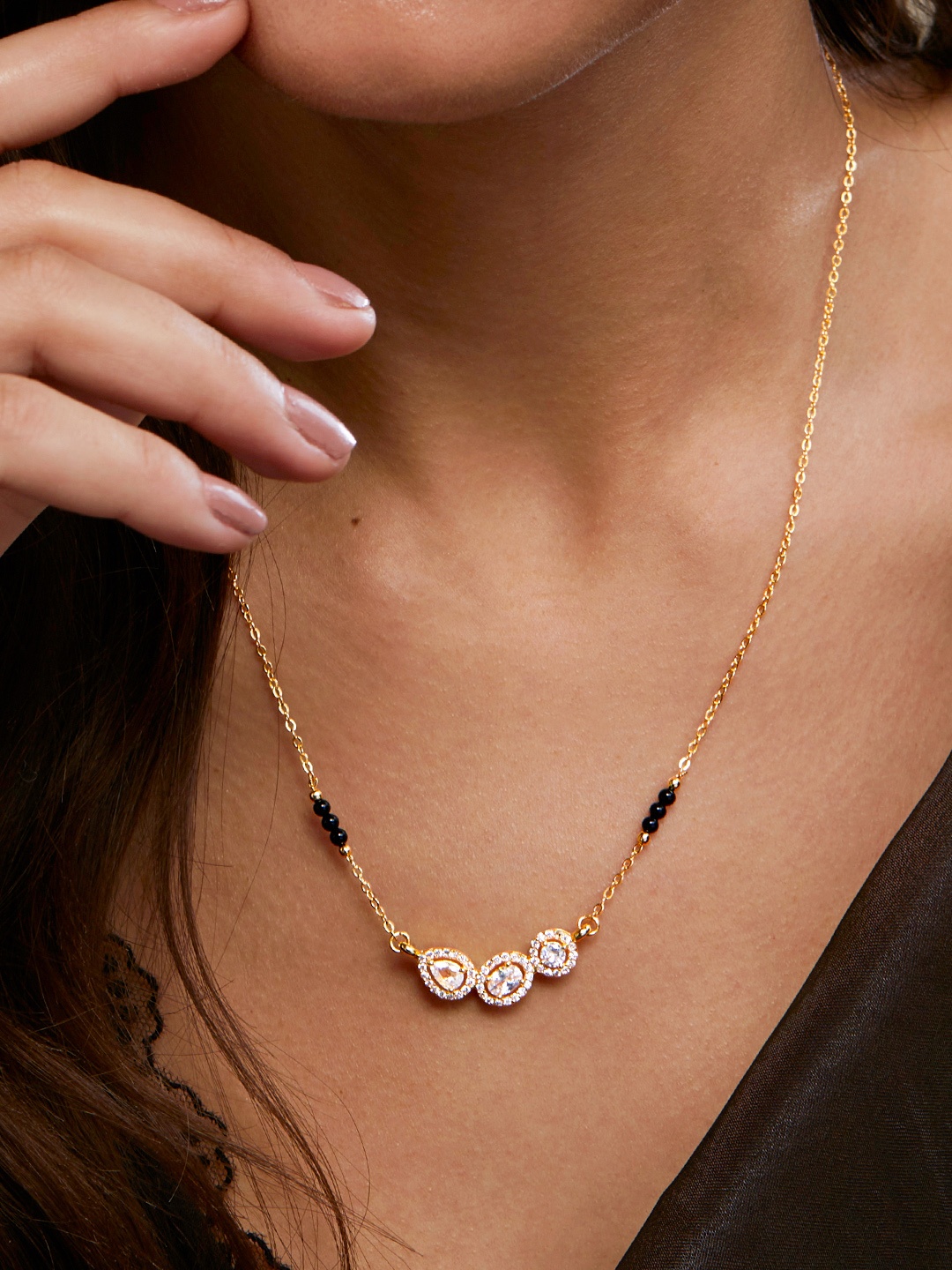 

MINUTIAE Gold-Plated Diamond -Studded & Beaded Mangalsutra