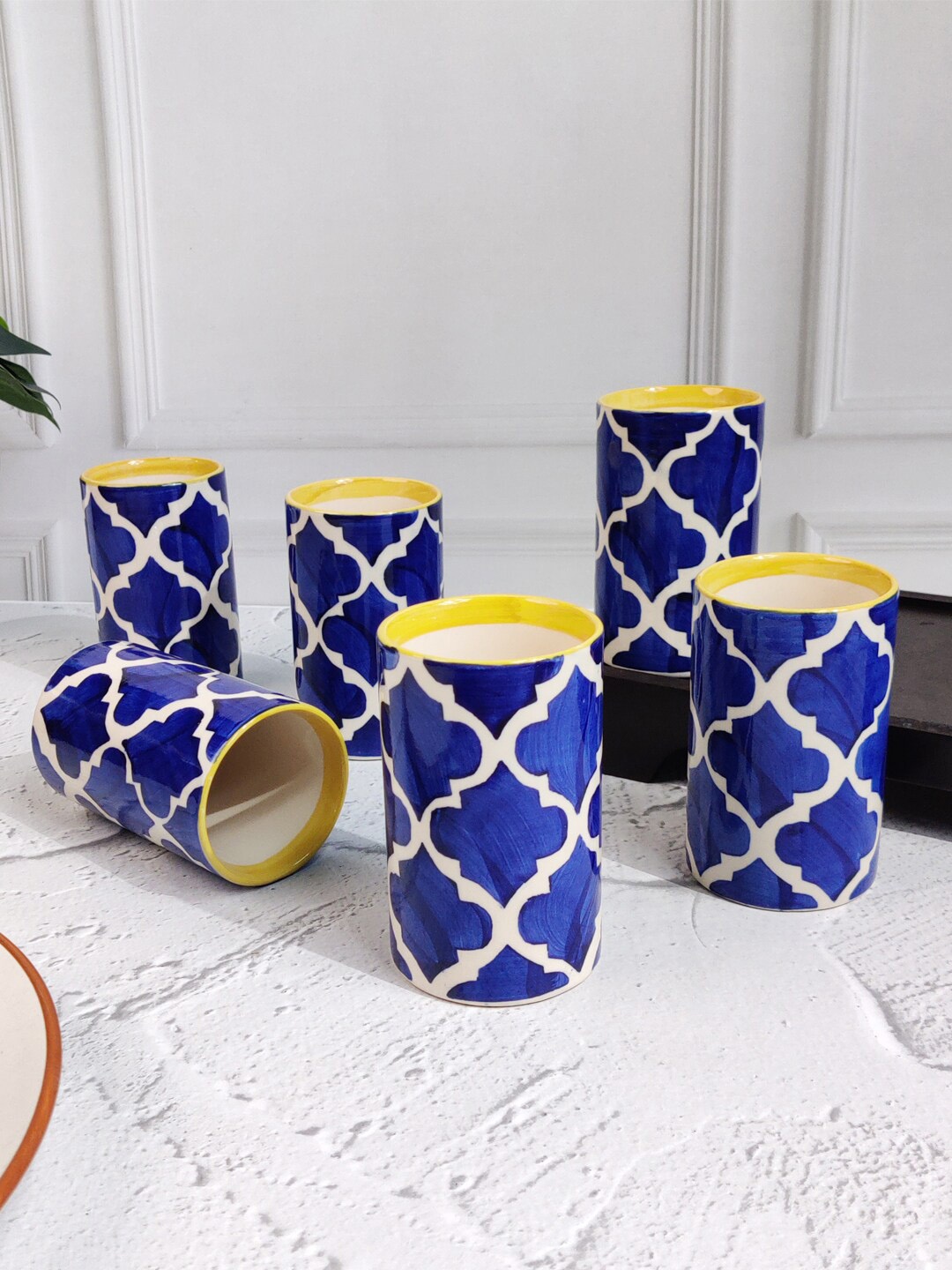 

VarEesha Moroccan 6-Pieces Blue Printed Ceramic Water Glasses 200 ml Each