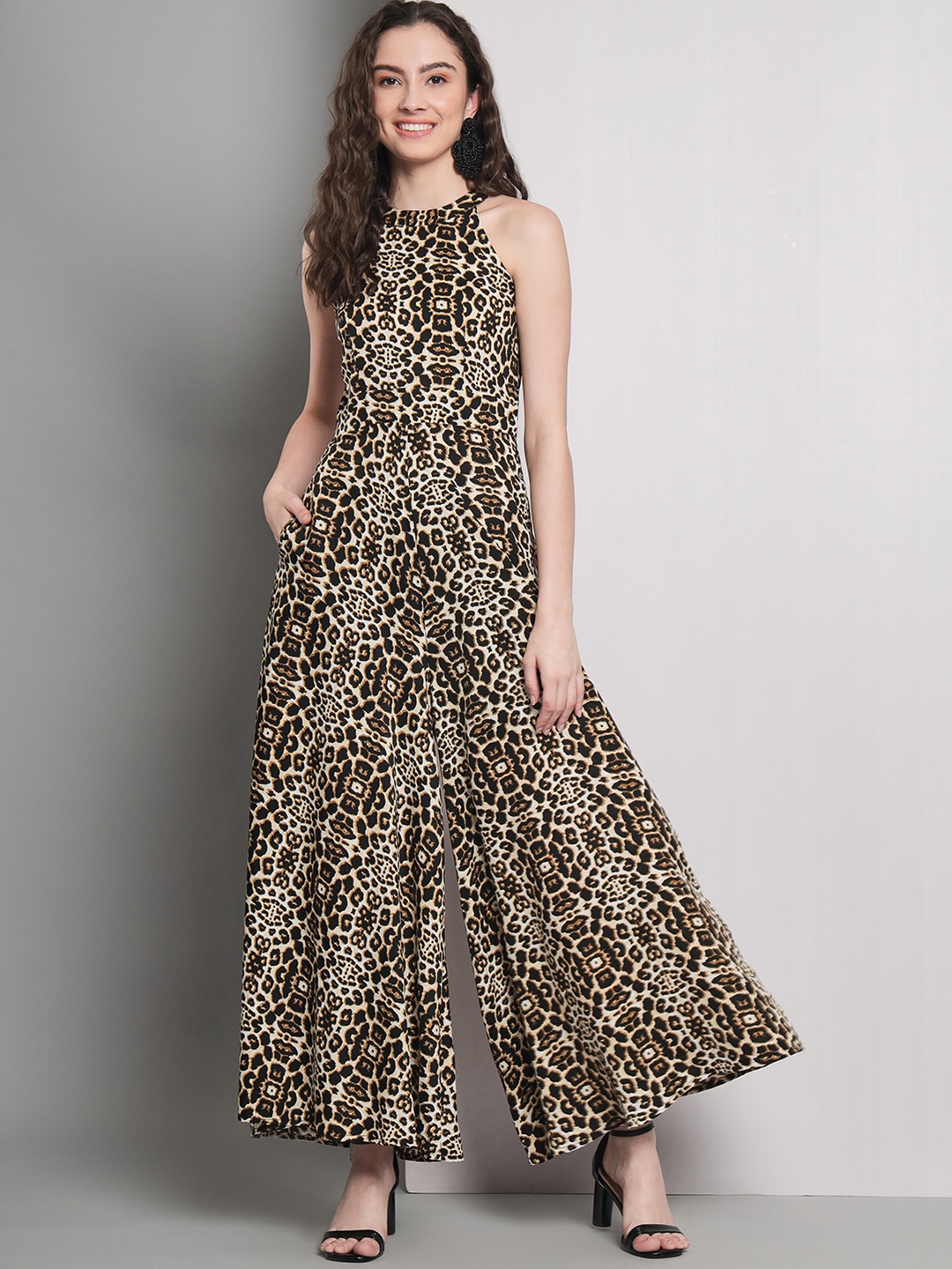 

emeros Animal Printed Halter Neck Sleeveless Basic Jumpsuit, Black