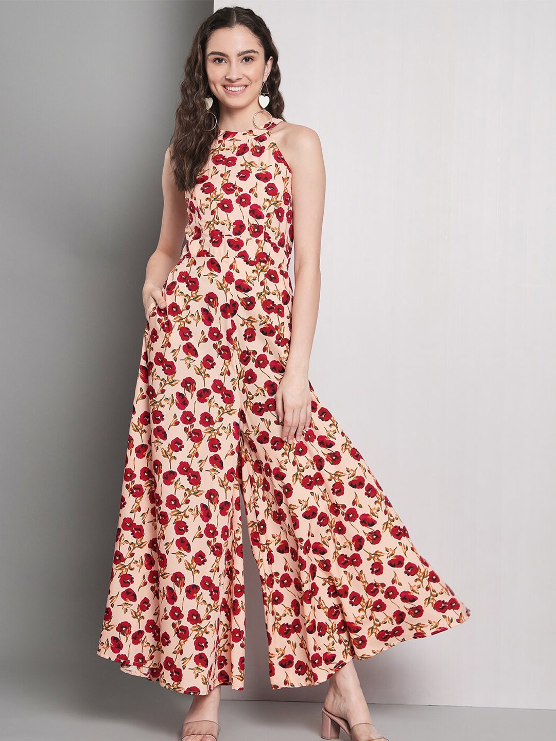 

emeros Floral Printed Halter Neck Sleeveless Basic Jumpsuit, Peach